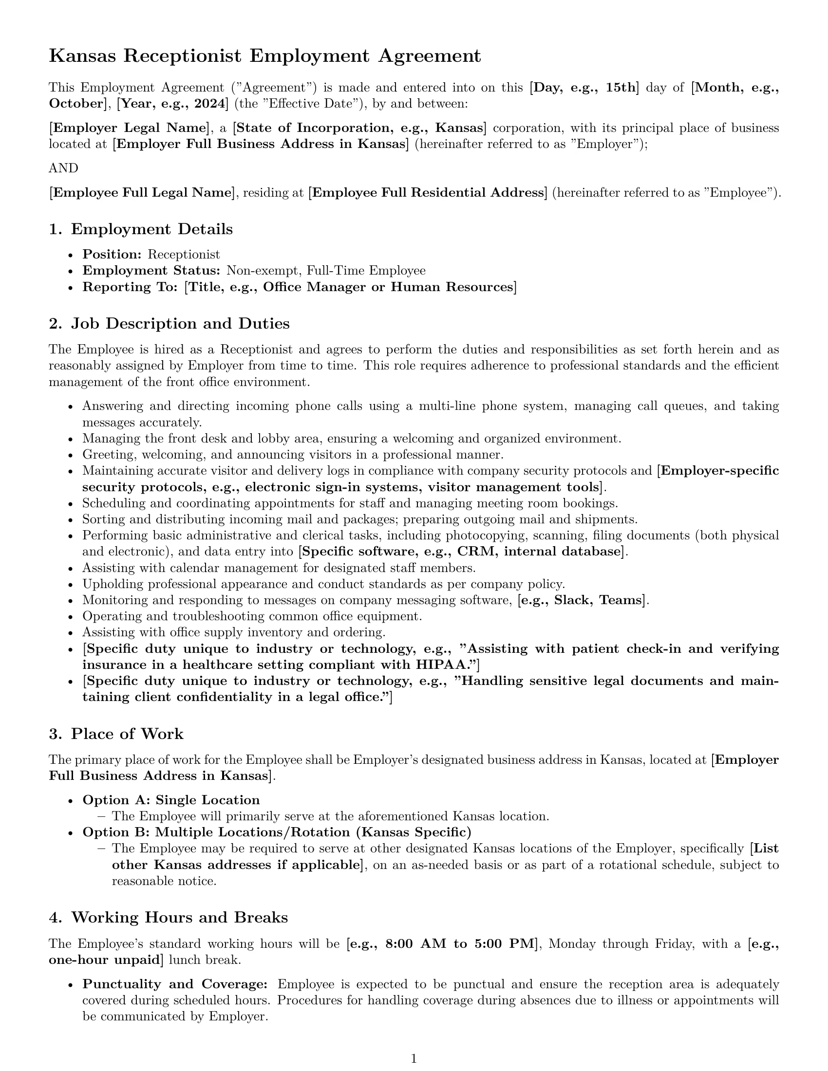 Preview page 1 of Pro Kansas receptionist employment contract template