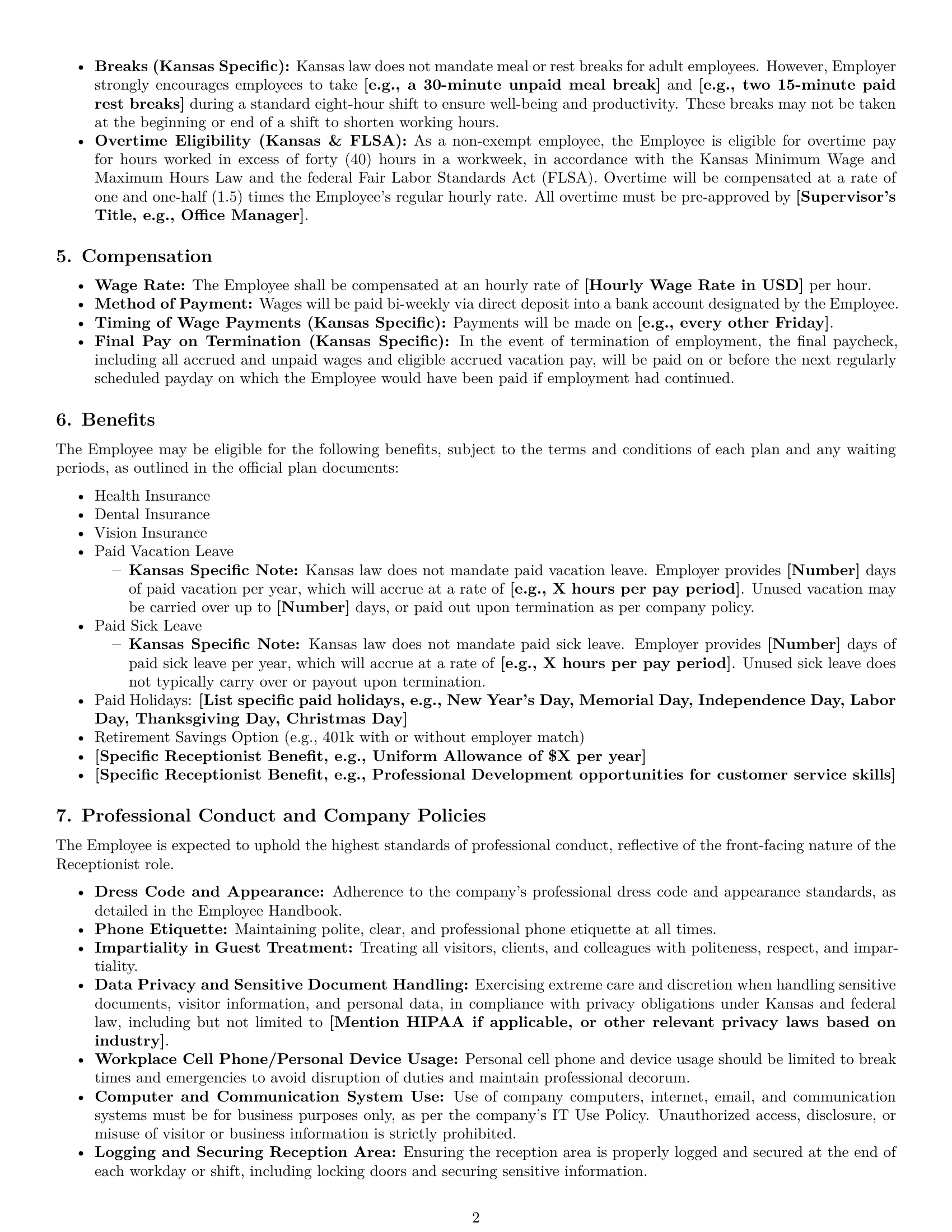 Preview page 2 of Pro Kansas receptionist employment contract template