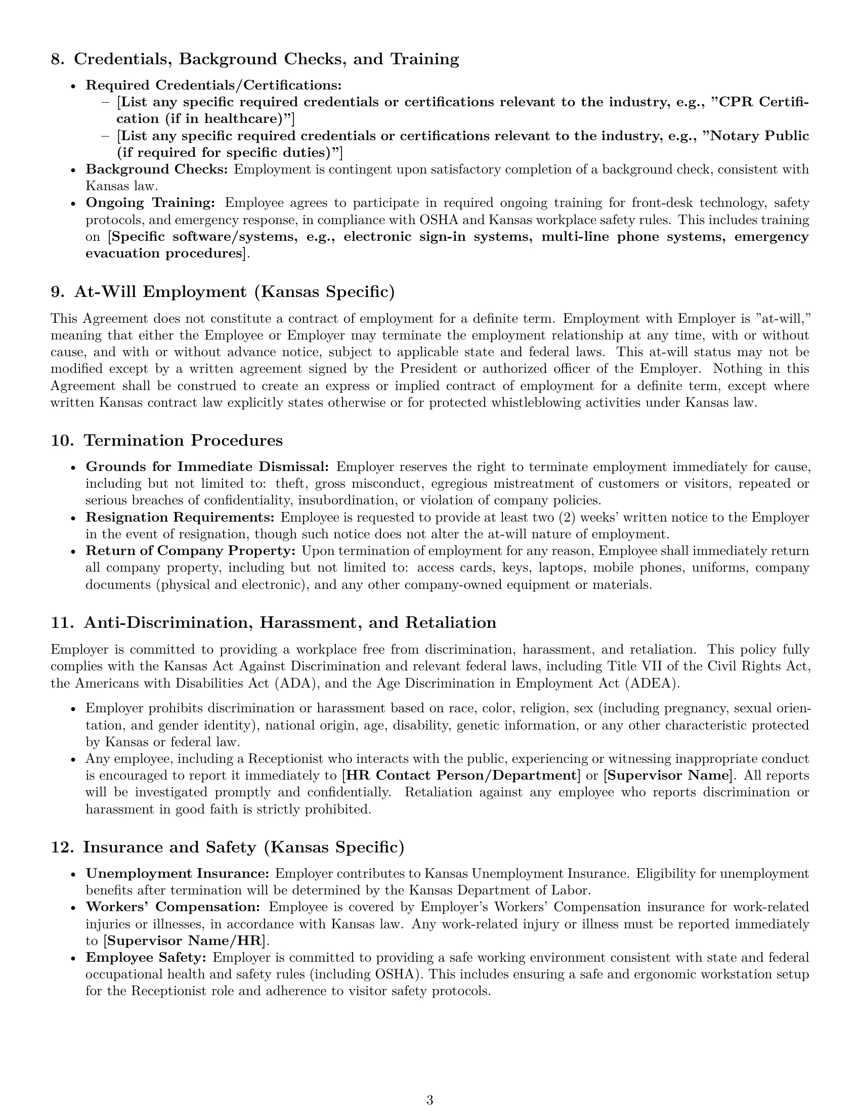 Preview page 3 of Pro Kansas receptionist employment contract template