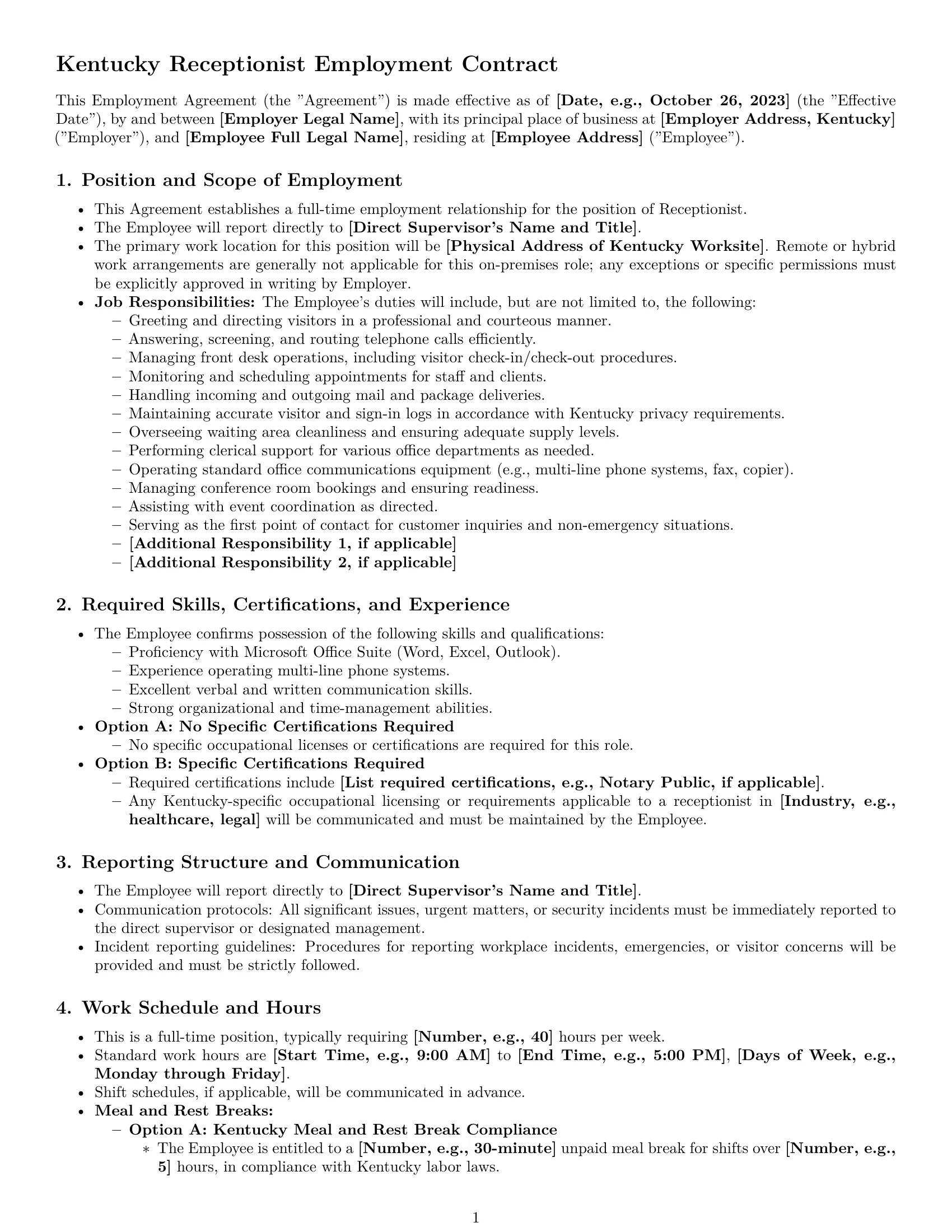 Preview page 1 of Pro Kentucky receptionist employment contract template