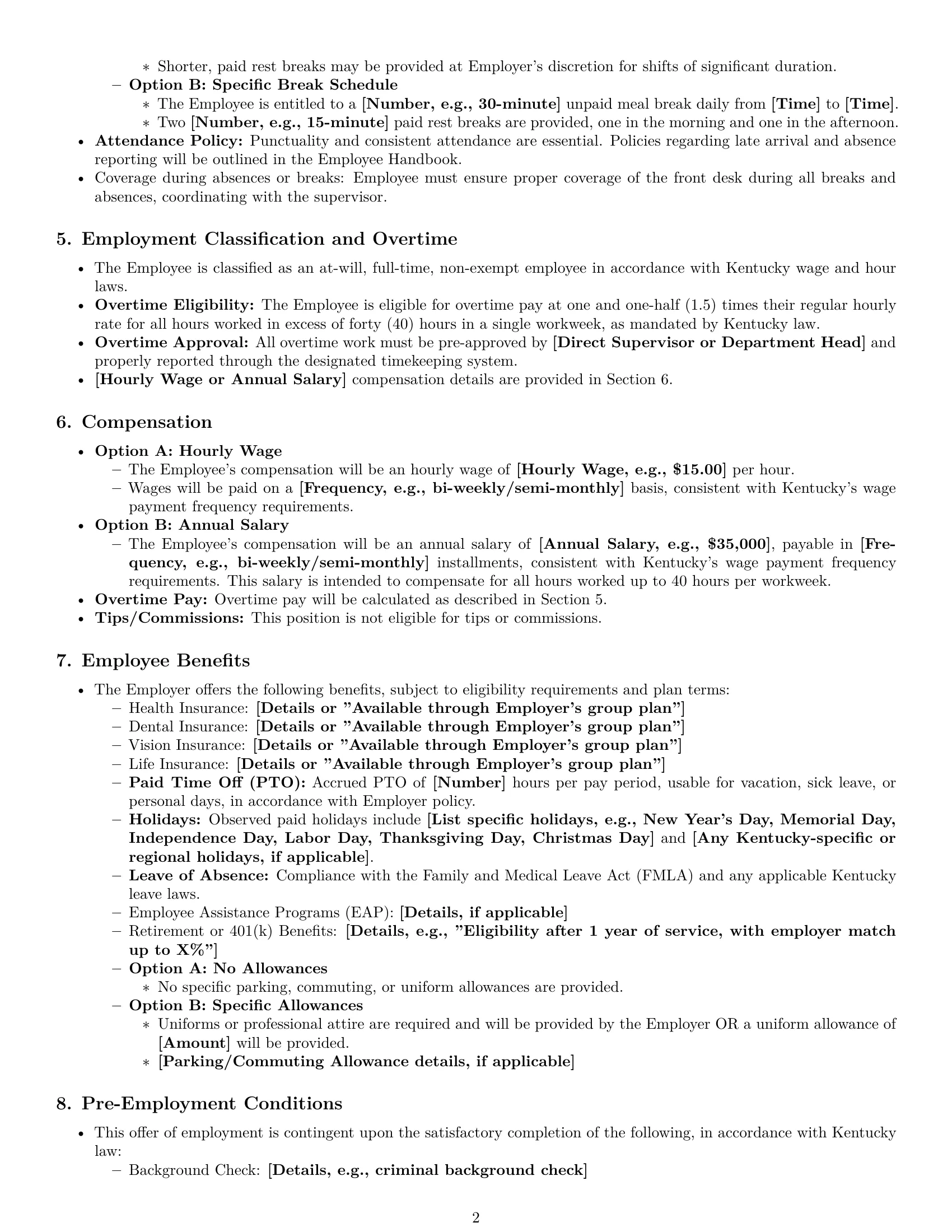 Preview page 2 of Pro Kentucky receptionist employment contract template