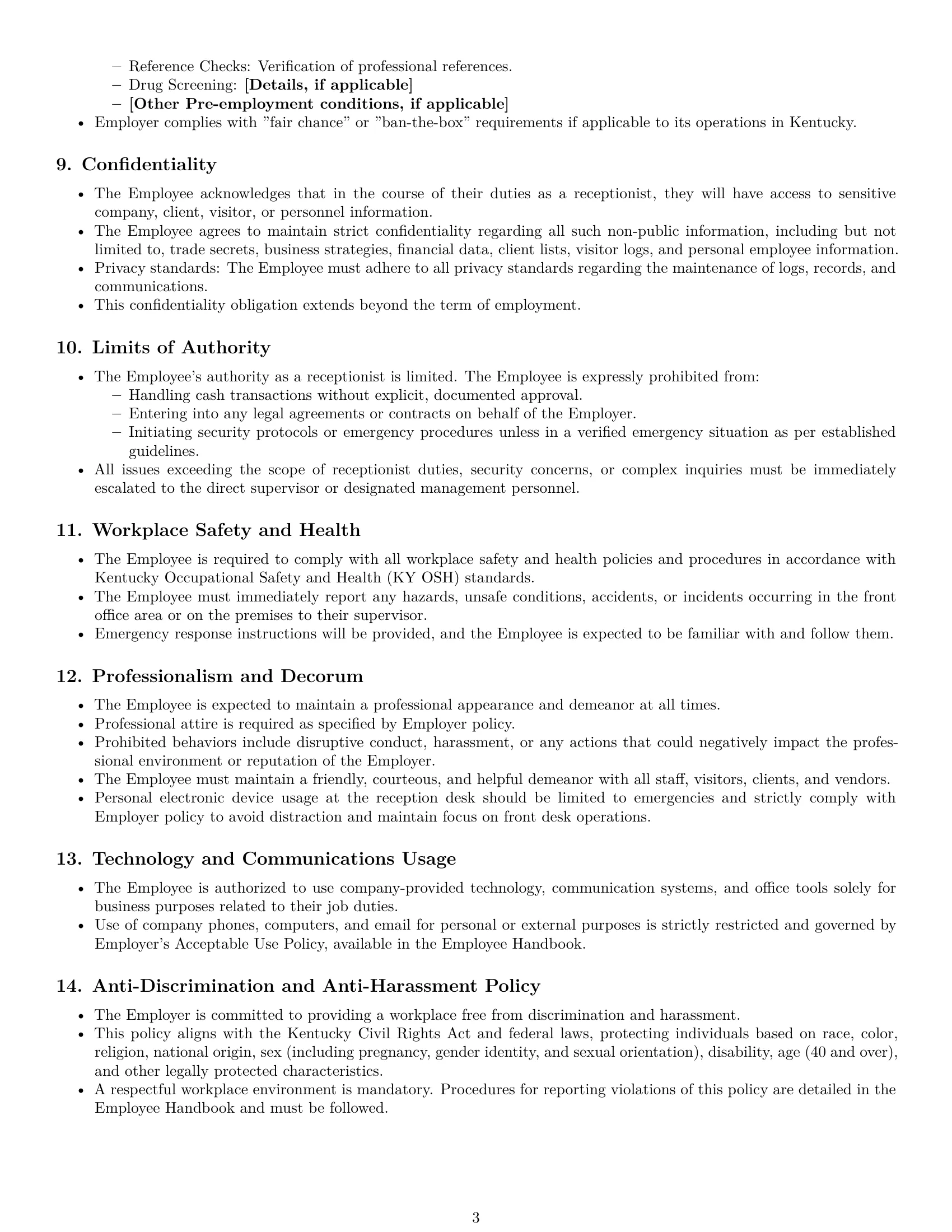 Preview page 3 of Pro Kentucky receptionist employment contract template