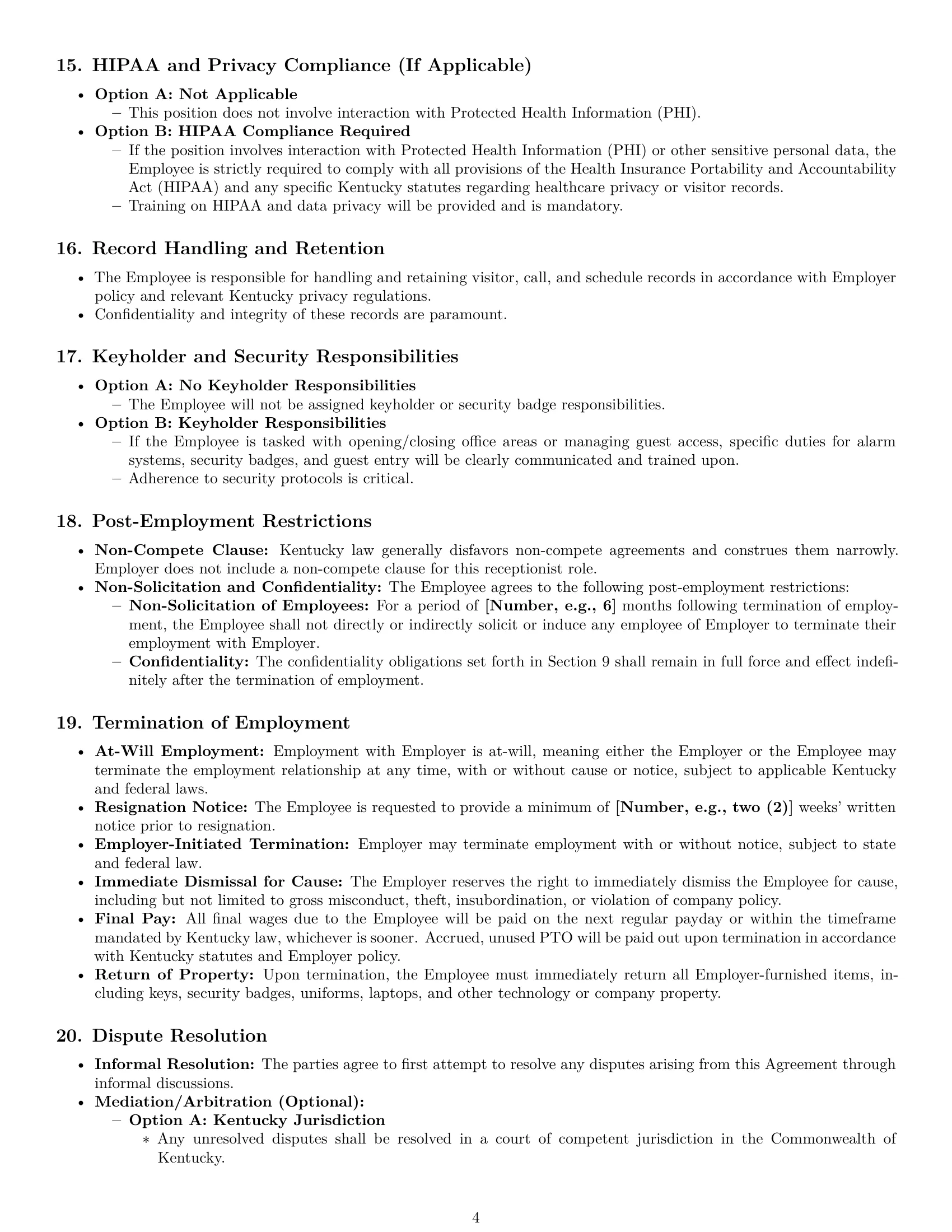 Preview page 4 of Pro Kentucky receptionist employment contract template