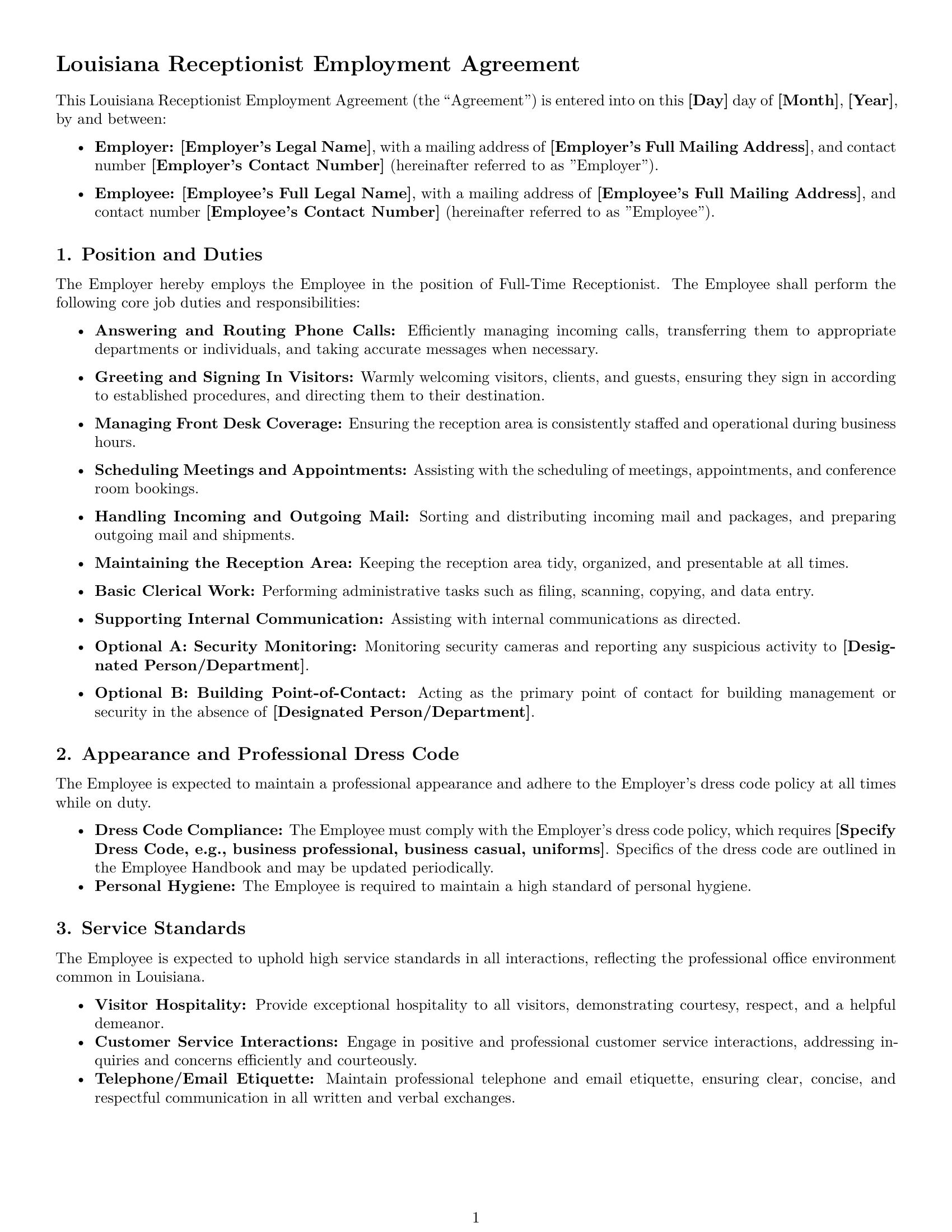 Preview page 1 of Pro Louisiana receptionist employment contract template