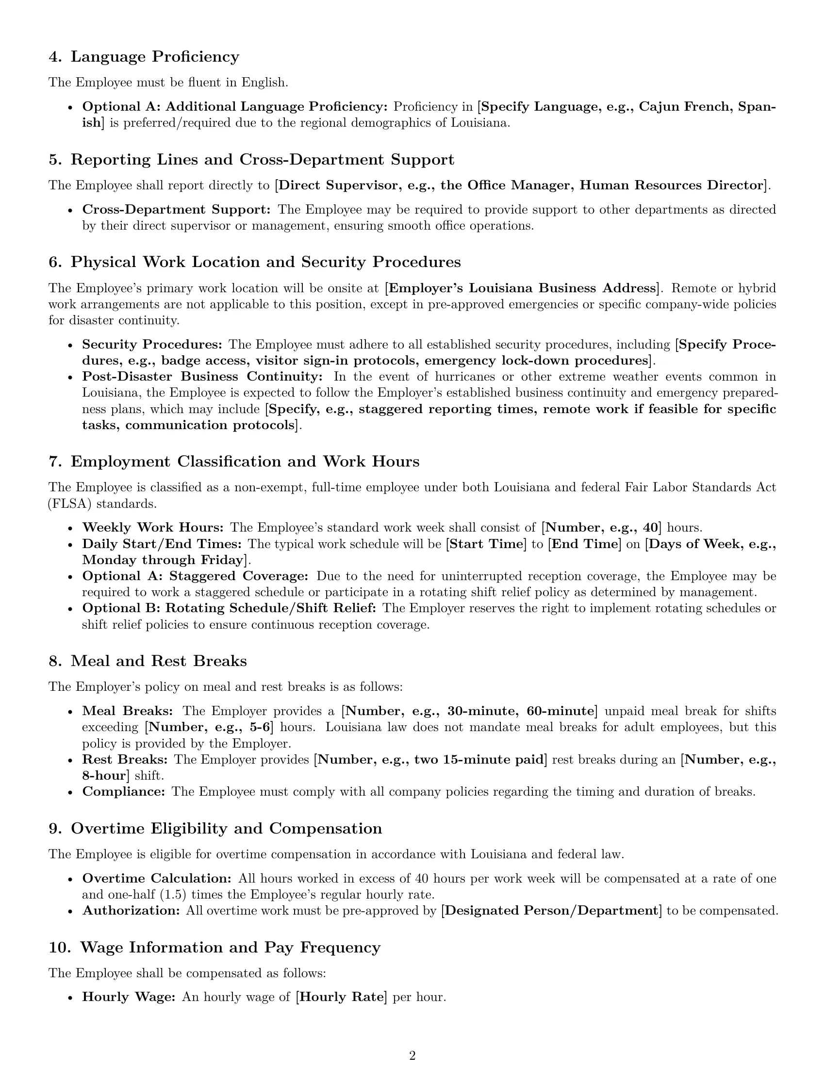 Preview page 2 of Pro Louisiana receptionist employment contract template