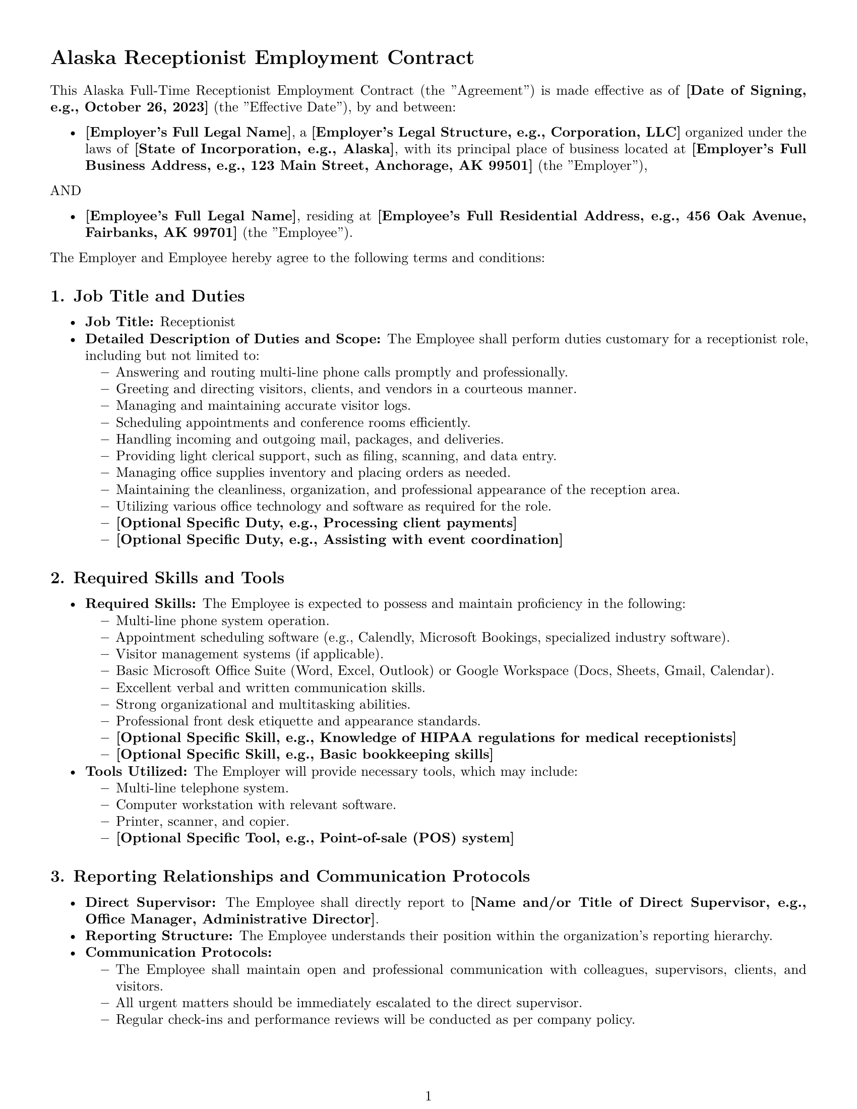 Preview page 1 of Pro Alaska receptionist employment contract template