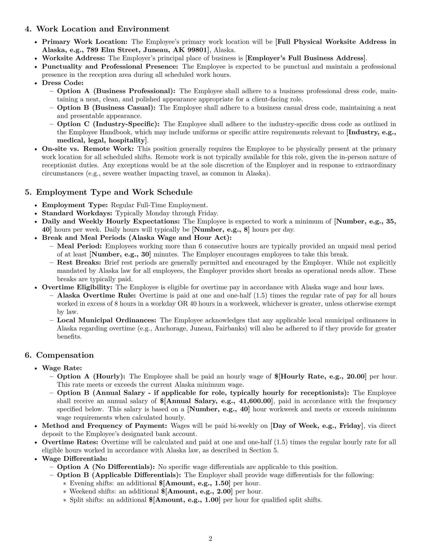 Preview page 2 of Pro Alaska receptionist employment contract template