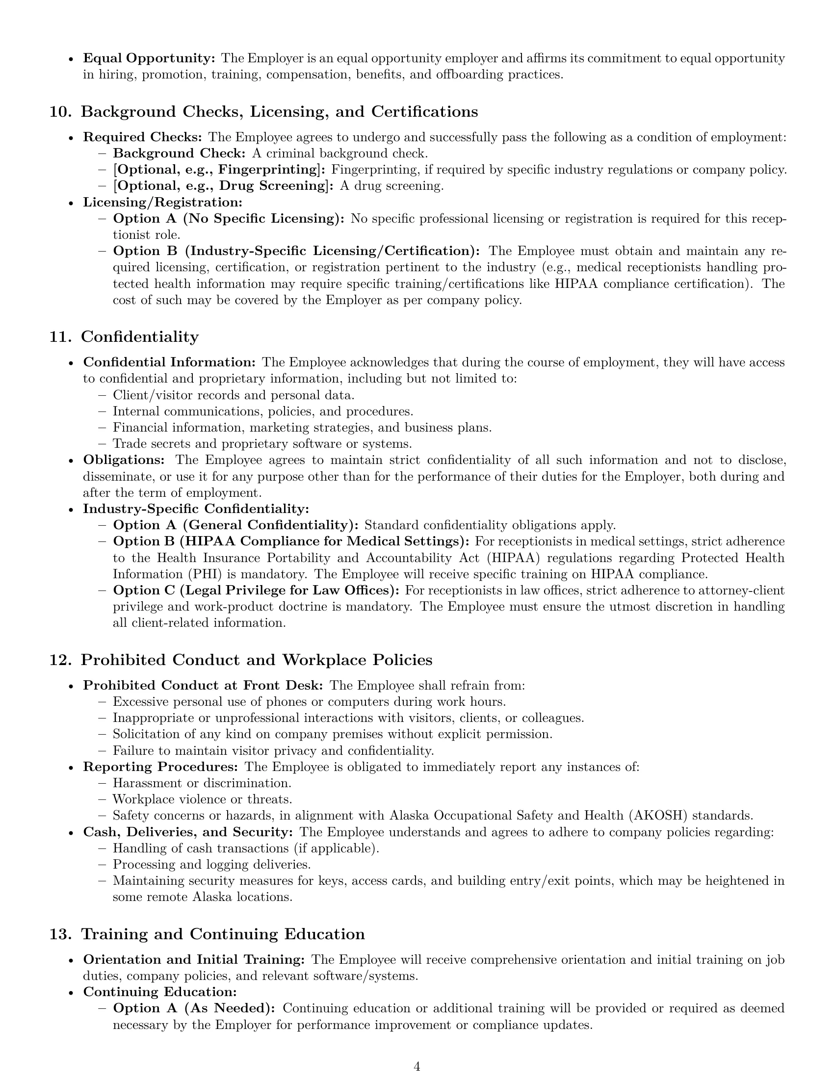 Preview page 4 of Pro Alaska receptionist employment contract template
