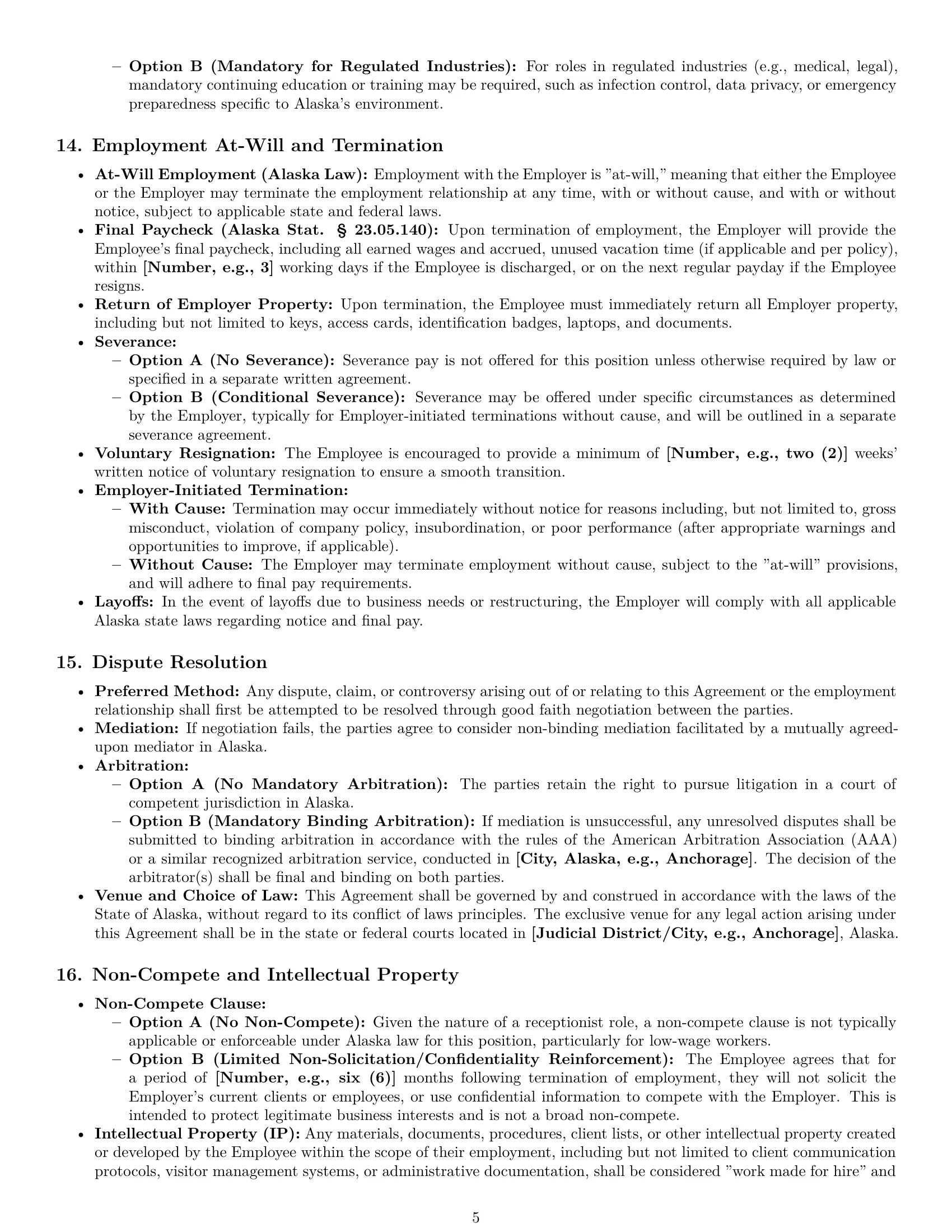 Preview page 5 of Pro Alaska receptionist employment contract template