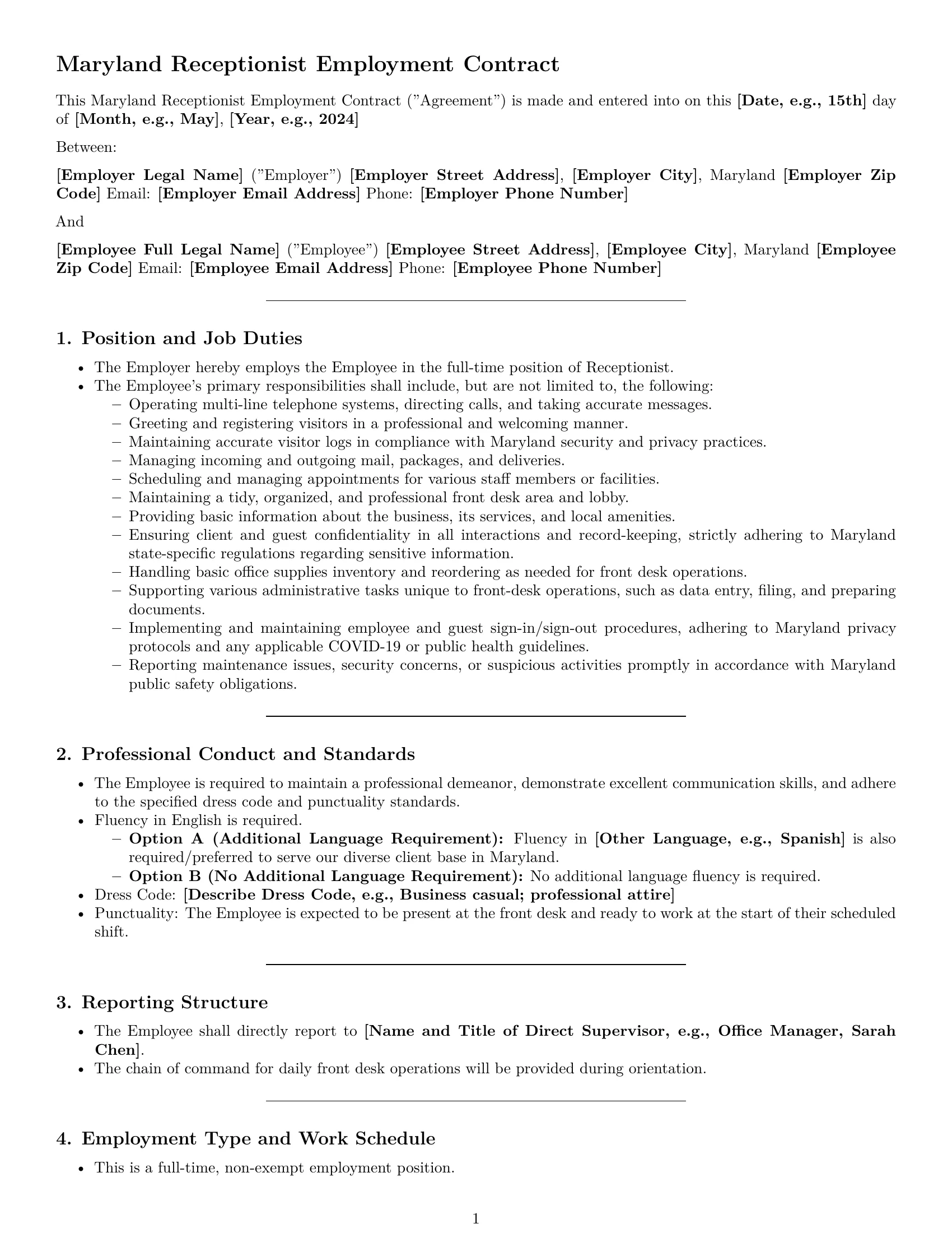 Preview page 1 of Pro Maryland receptionist employment contract template