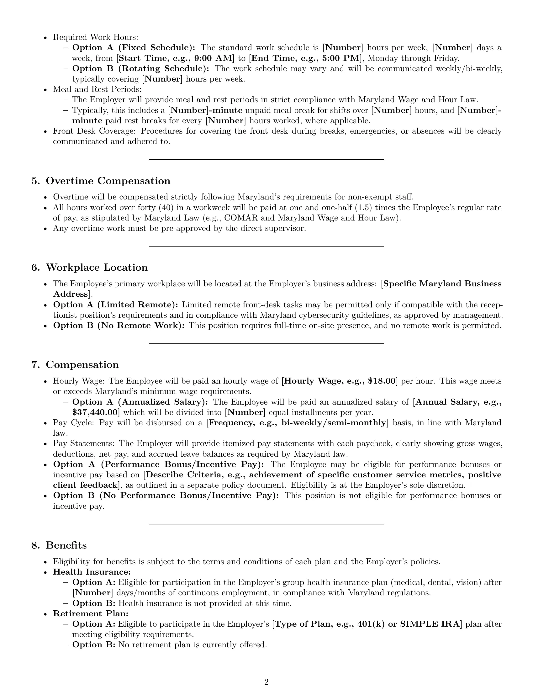 Preview page 2 of Pro Maryland receptionist employment contract template
