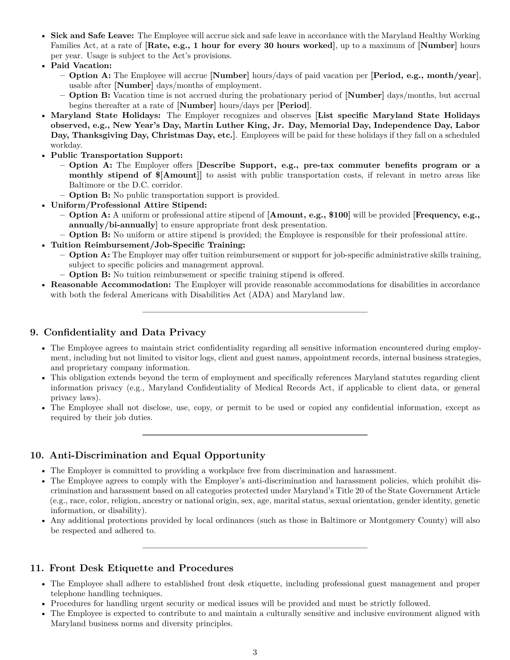 Preview page 3 of Pro Maryland receptionist employment contract template