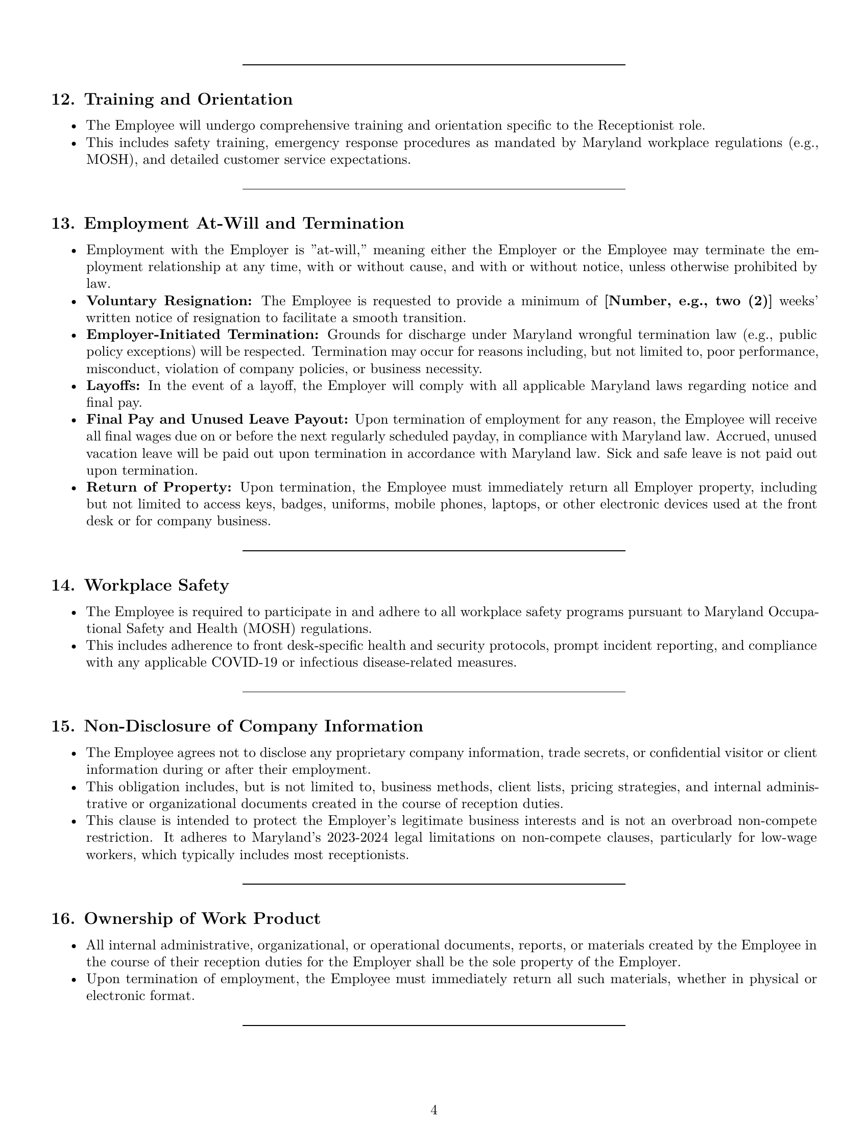Preview page 4 of Pro Maryland receptionist employment contract template
