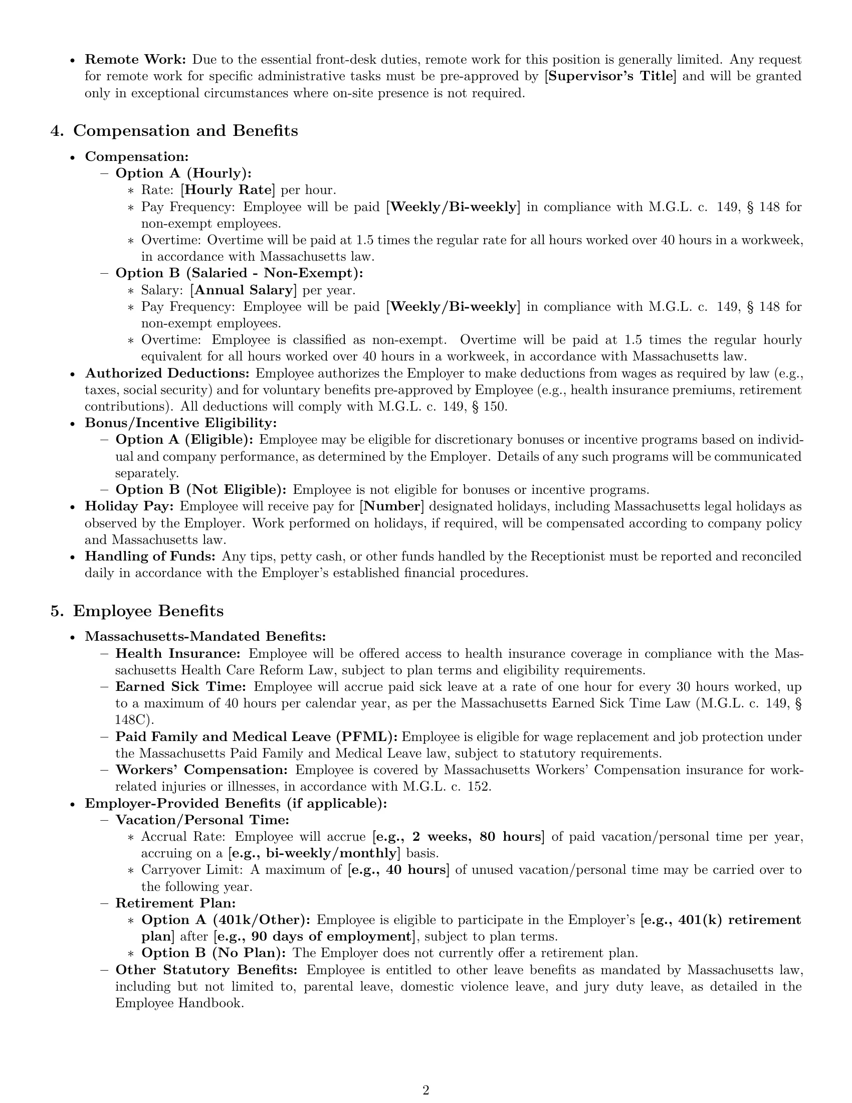 Preview page 2 of Pro Massachusetts receptionist employment contract template