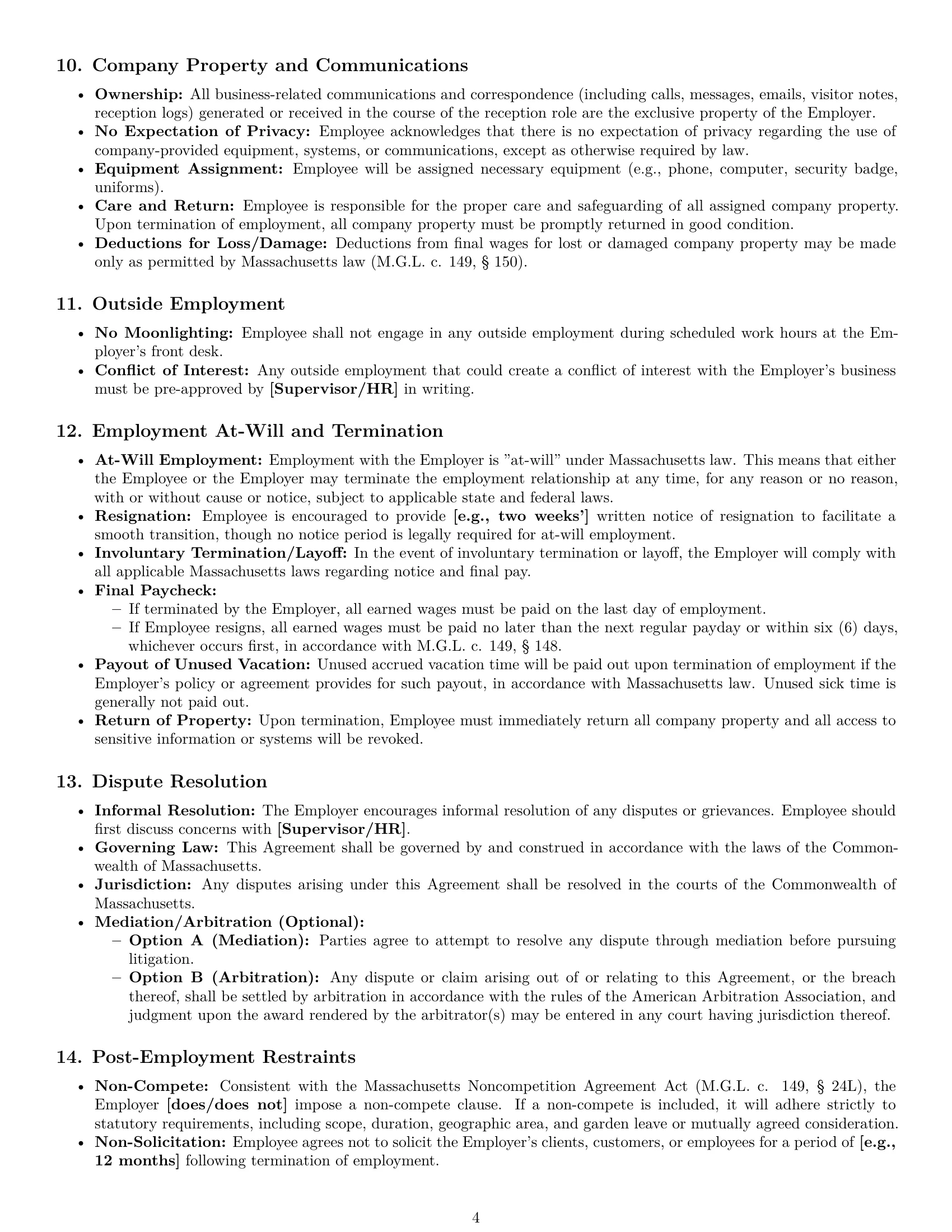 Preview page 4 of Pro Massachusetts receptionist employment contract template