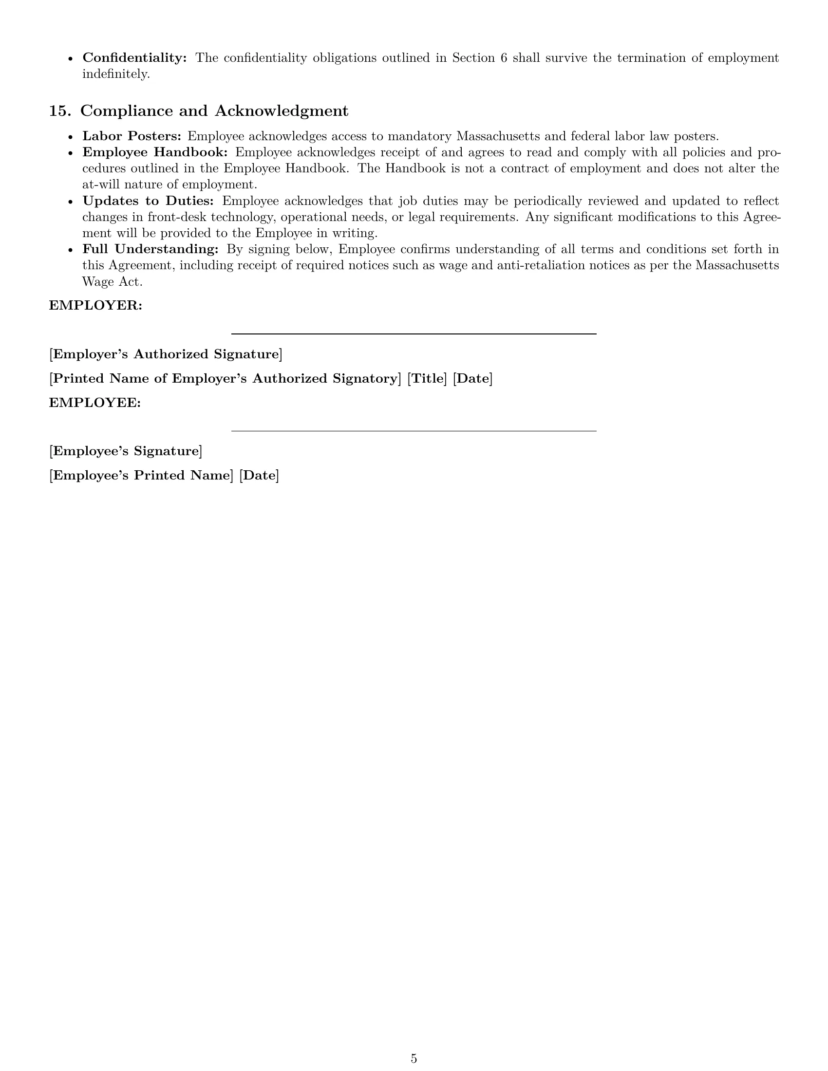 Preview page 5 of Pro Massachusetts receptionist employment contract template