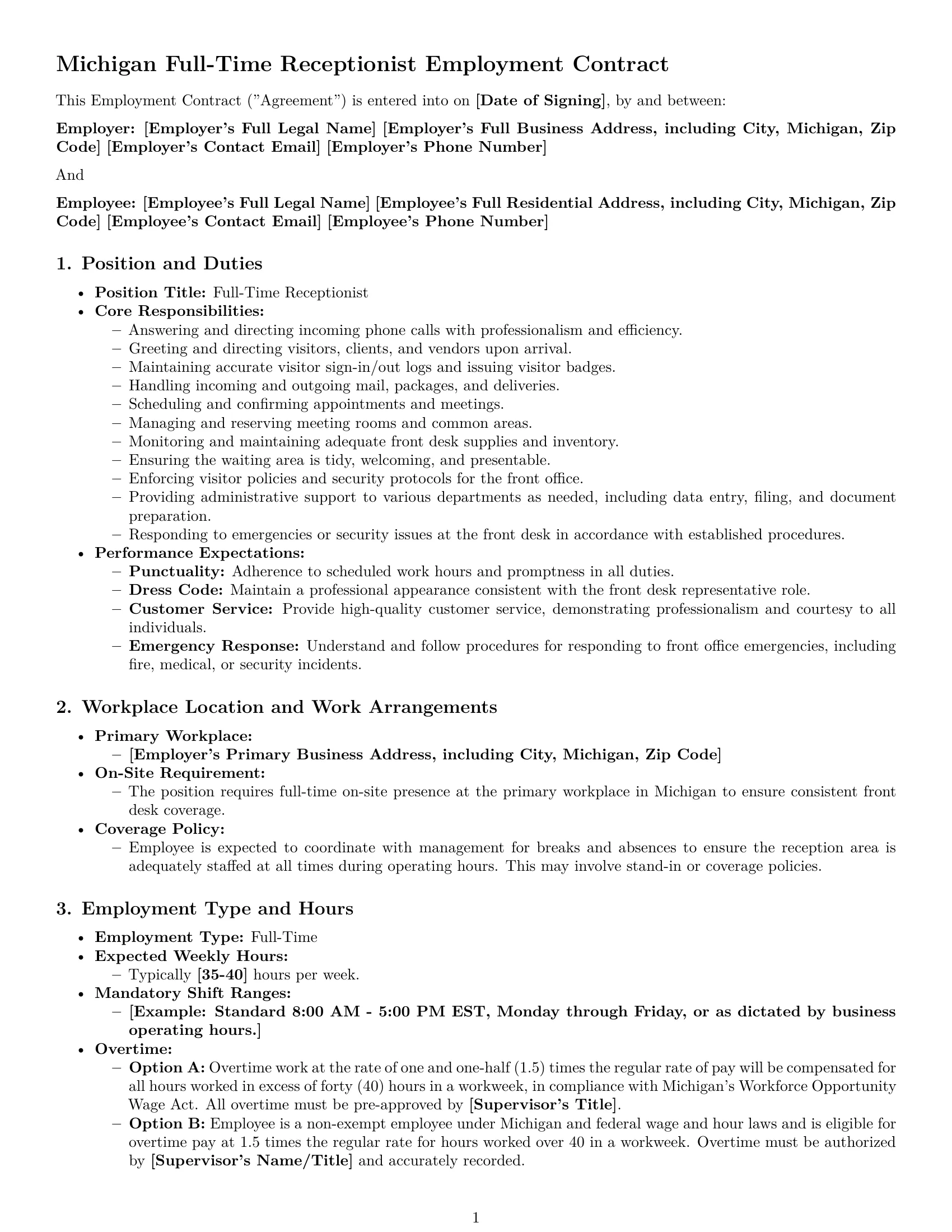 Preview page 1 of Pro Michigan receptionist employment contract template