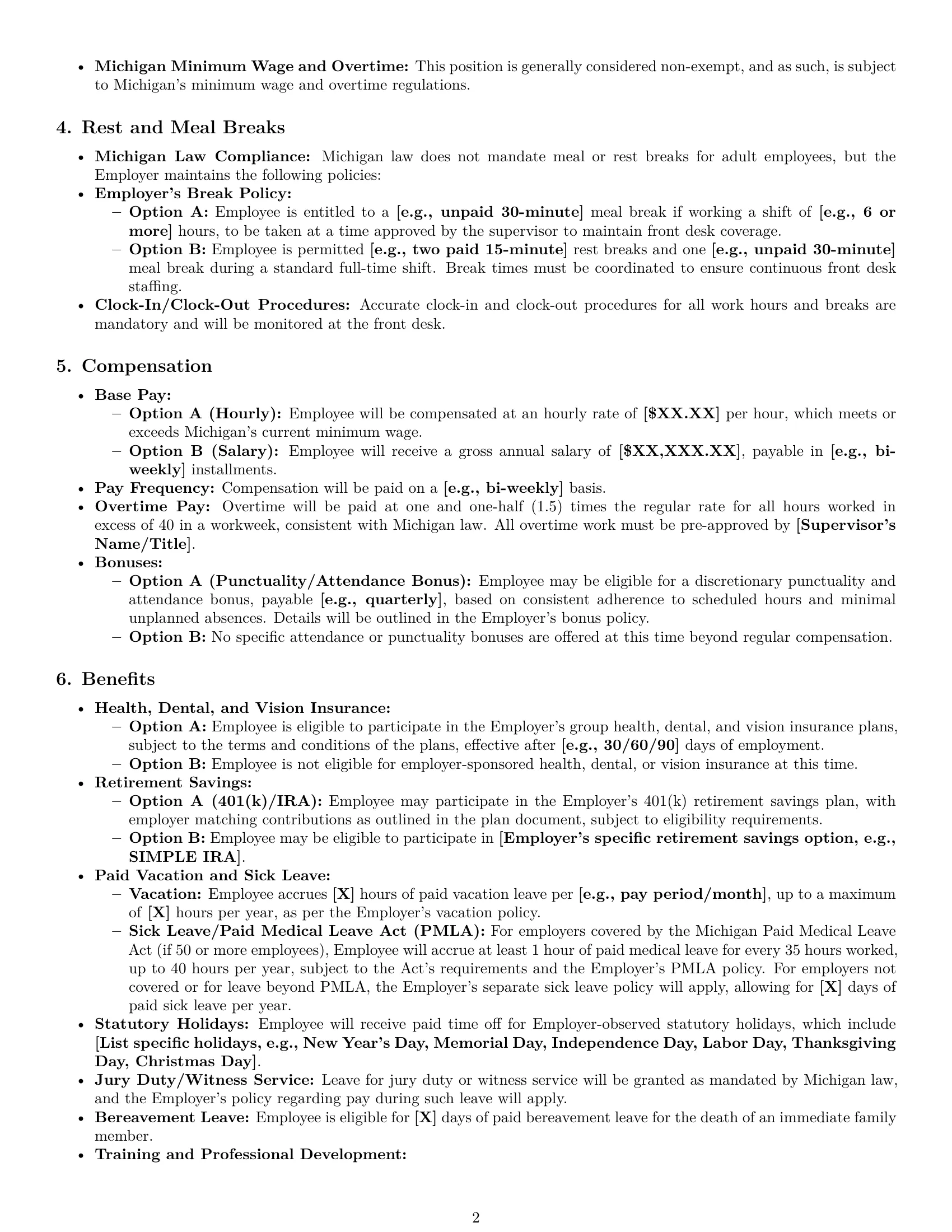 Preview page 2 of Pro Michigan receptionist employment contract template
