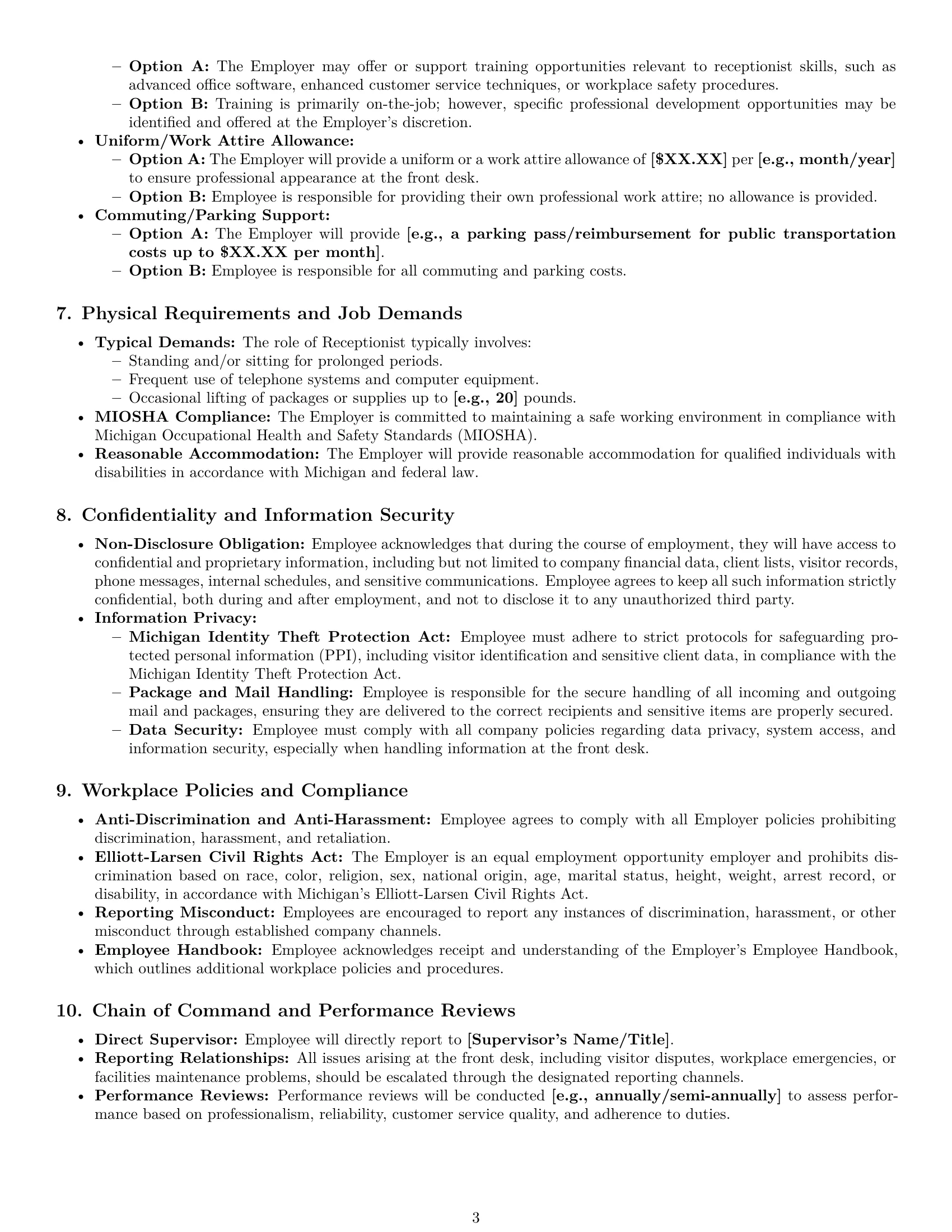 Preview page 3 of Pro Michigan receptionist employment contract template