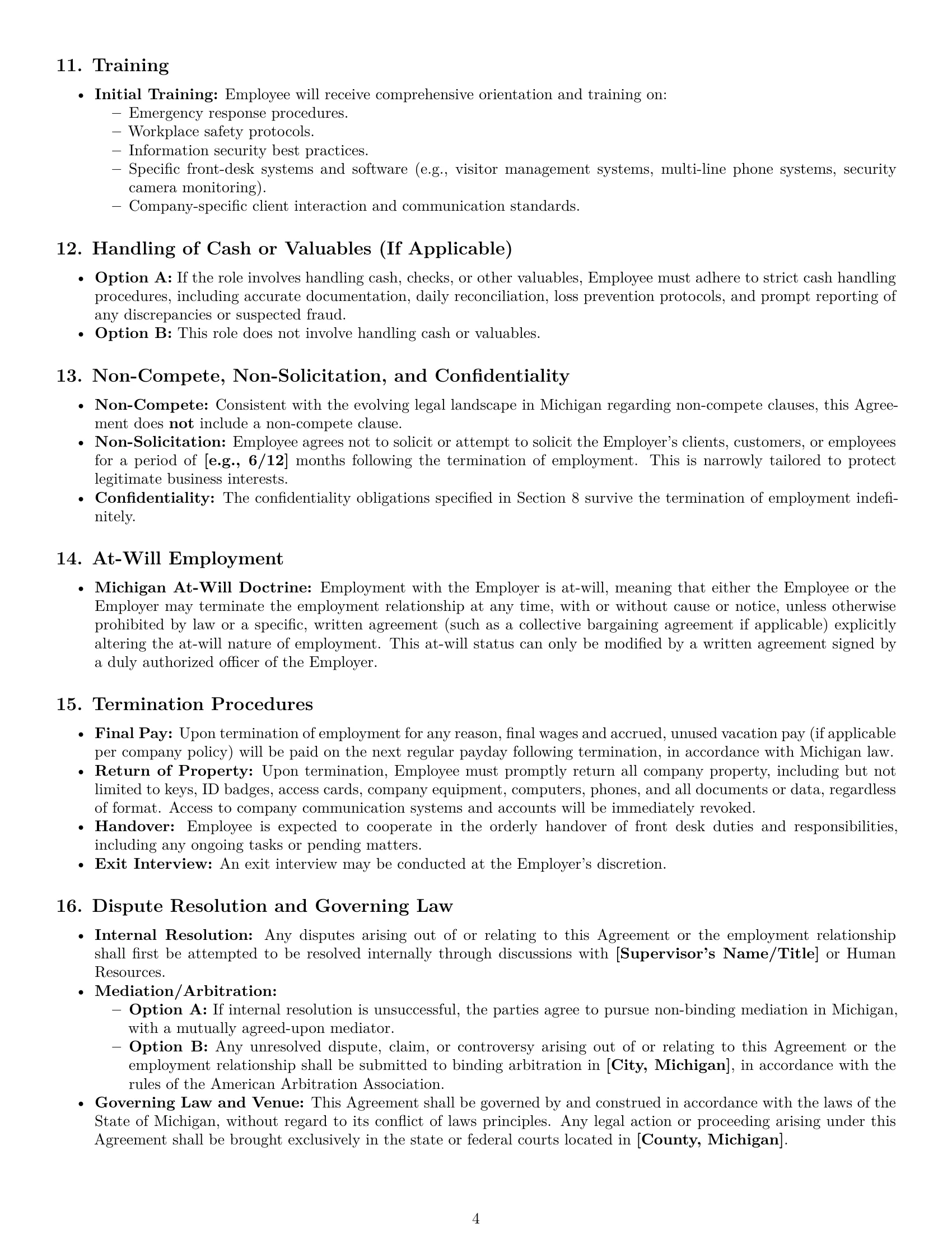 Preview page 4 of Pro Michigan receptionist employment contract template