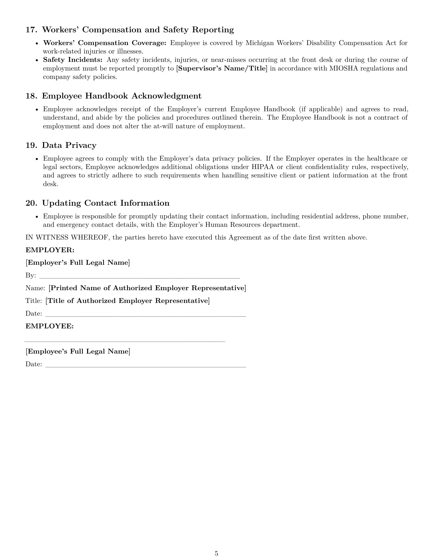 Preview page 5 of Pro Michigan receptionist employment contract template