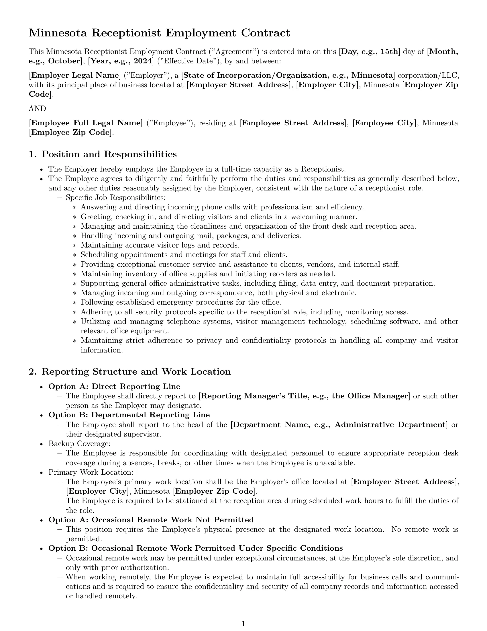 Preview page 1 of Pro Minnesota receptionist employment contract template