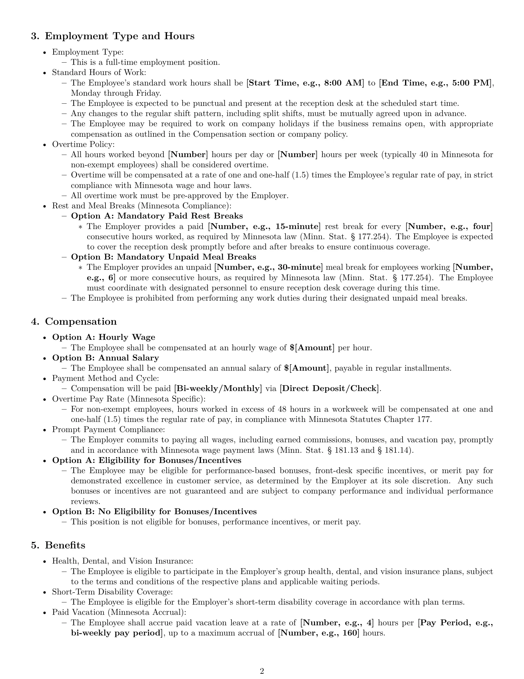 Preview page 2 of Pro Minnesota receptionist employment contract template