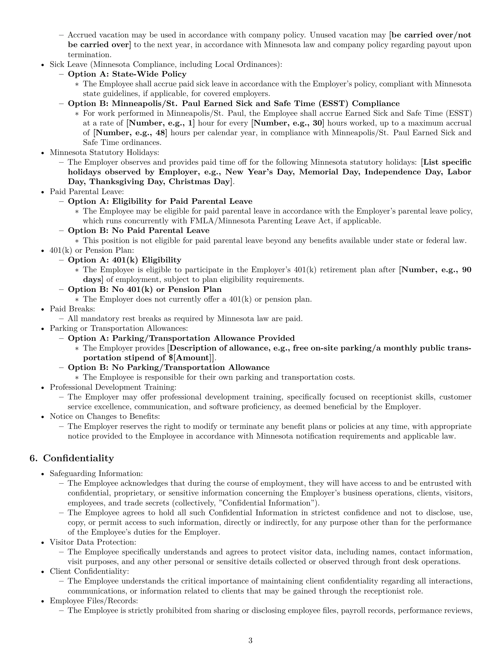 Preview page 3 of Pro Minnesota receptionist employment contract template