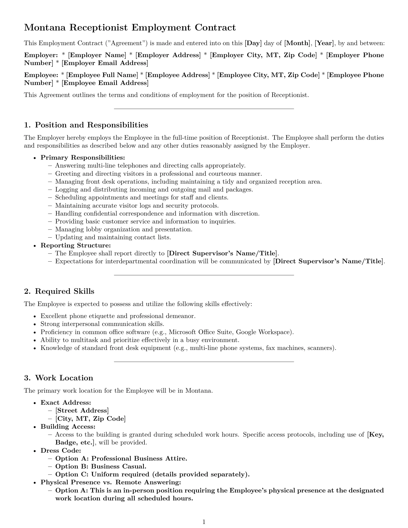 Preview page 1 of Pro Montana receptionist employment contract template