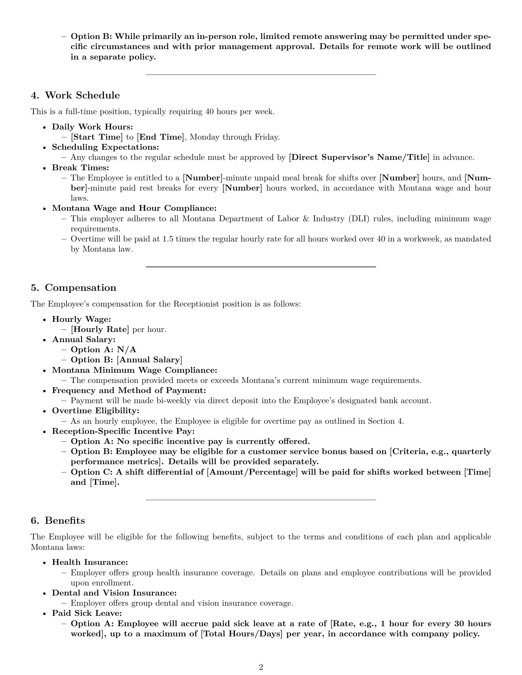 Preview page 2 of Pro Montana receptionist employment contract template