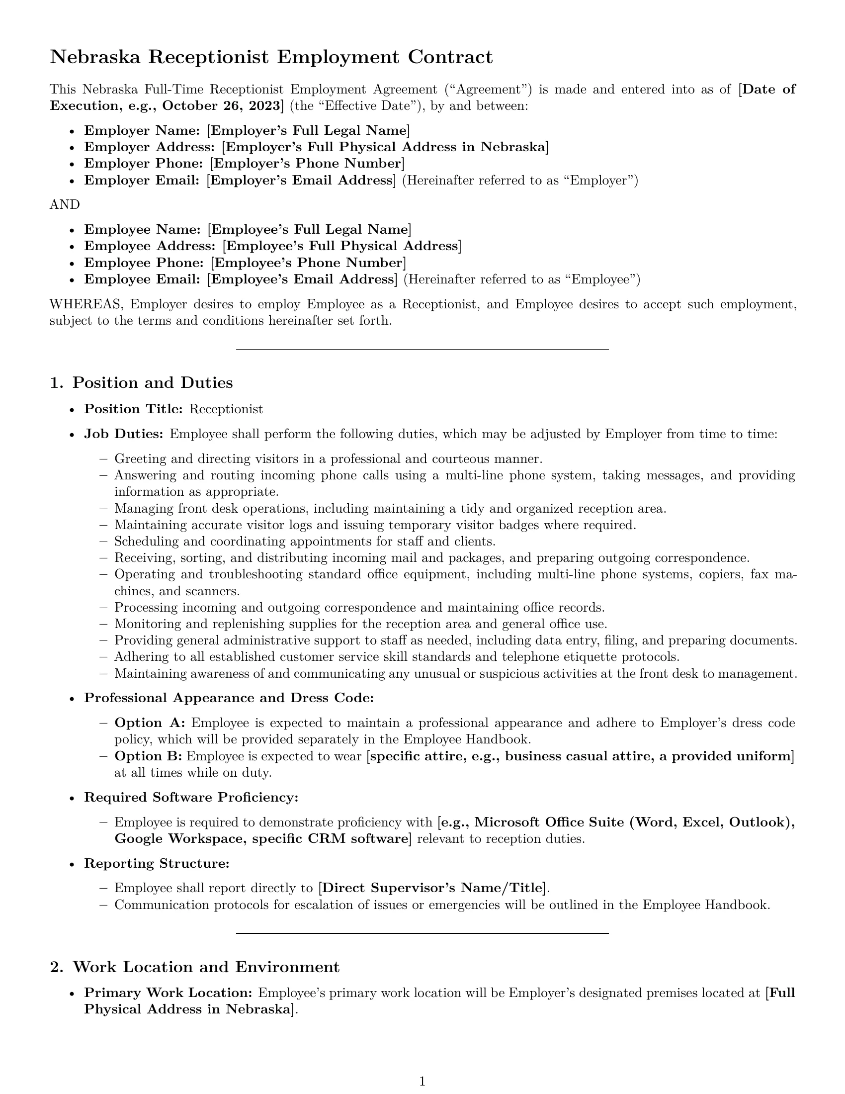 Preview page 1 of Pro Nebraska receptionist employment contract template