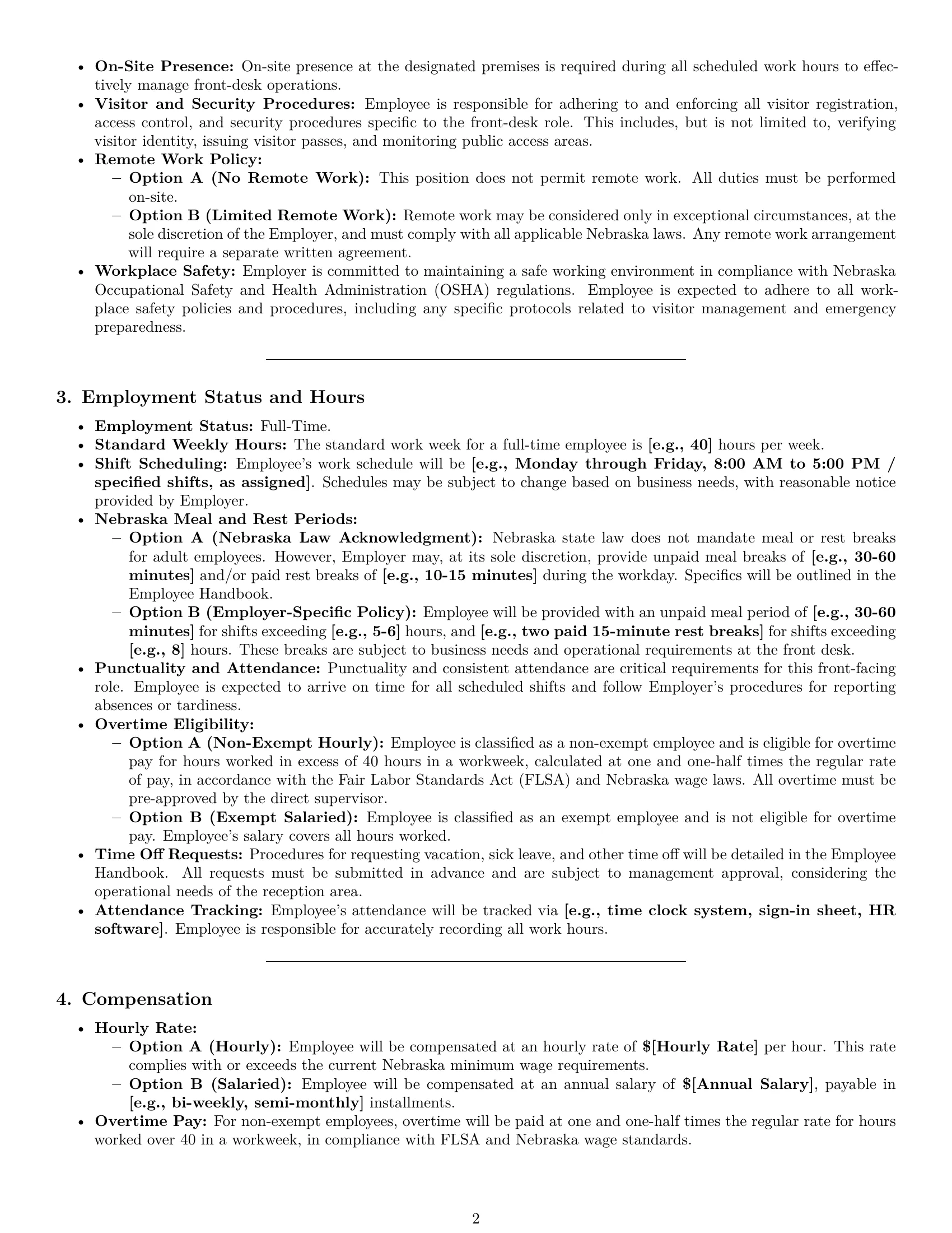 Preview page 2 of Pro Nebraska receptionist employment contract template