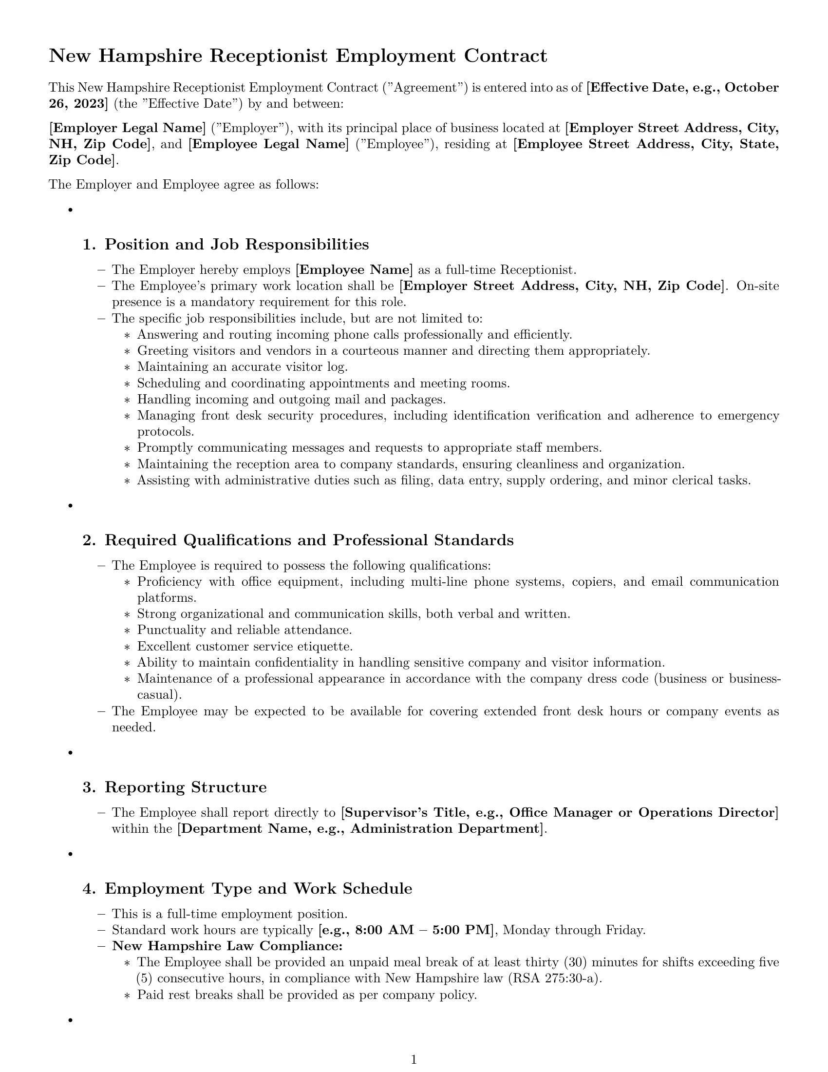 Preview page 1 of Pro New Hampshire receptionist employment contract template