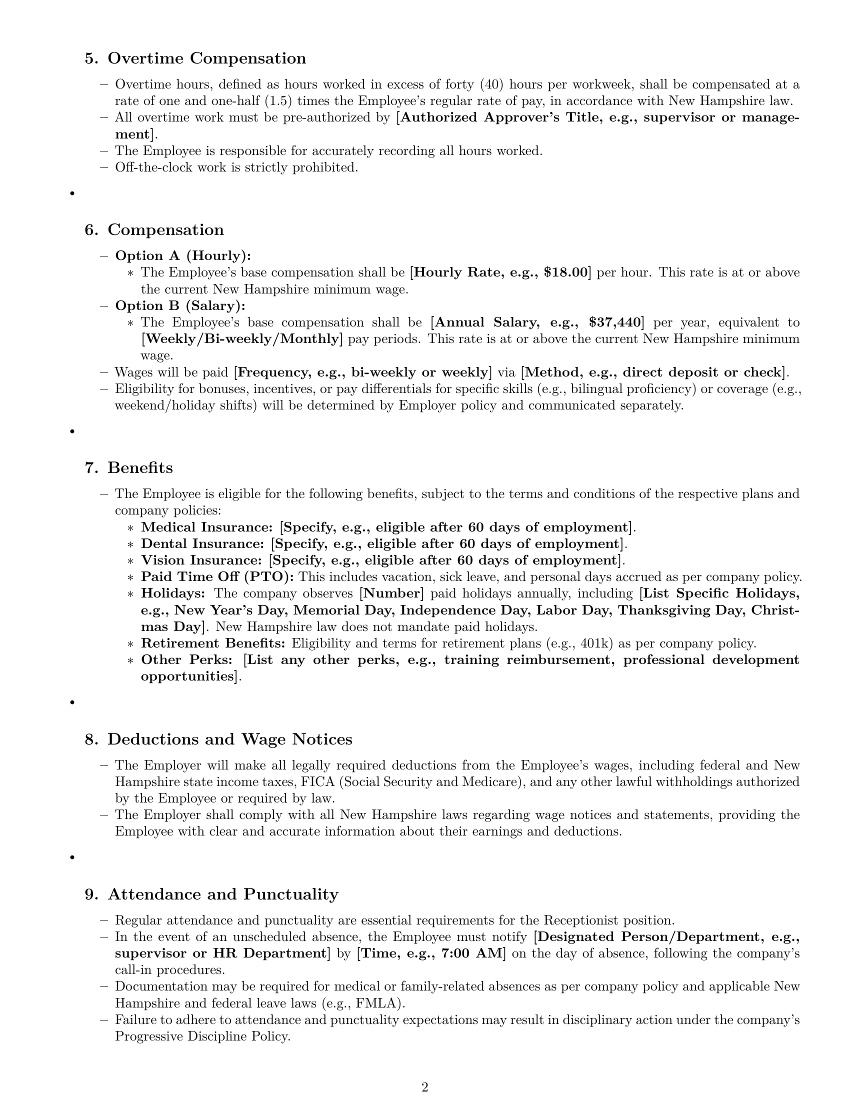 Preview page 2 of Pro New Hampshire receptionist employment contract template
