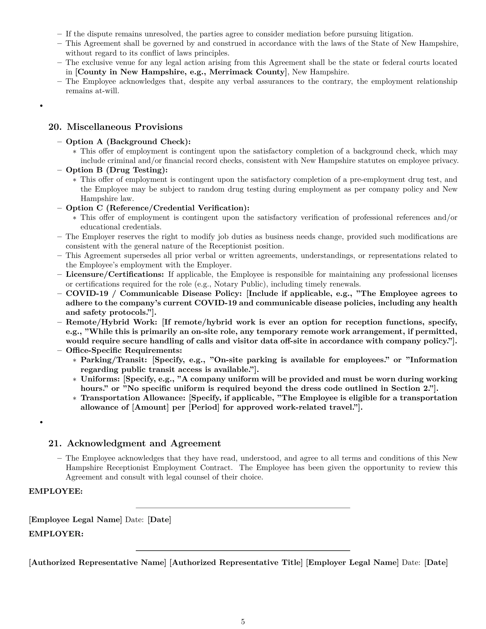 Preview page 5 of Pro New Hampshire receptionist employment contract template