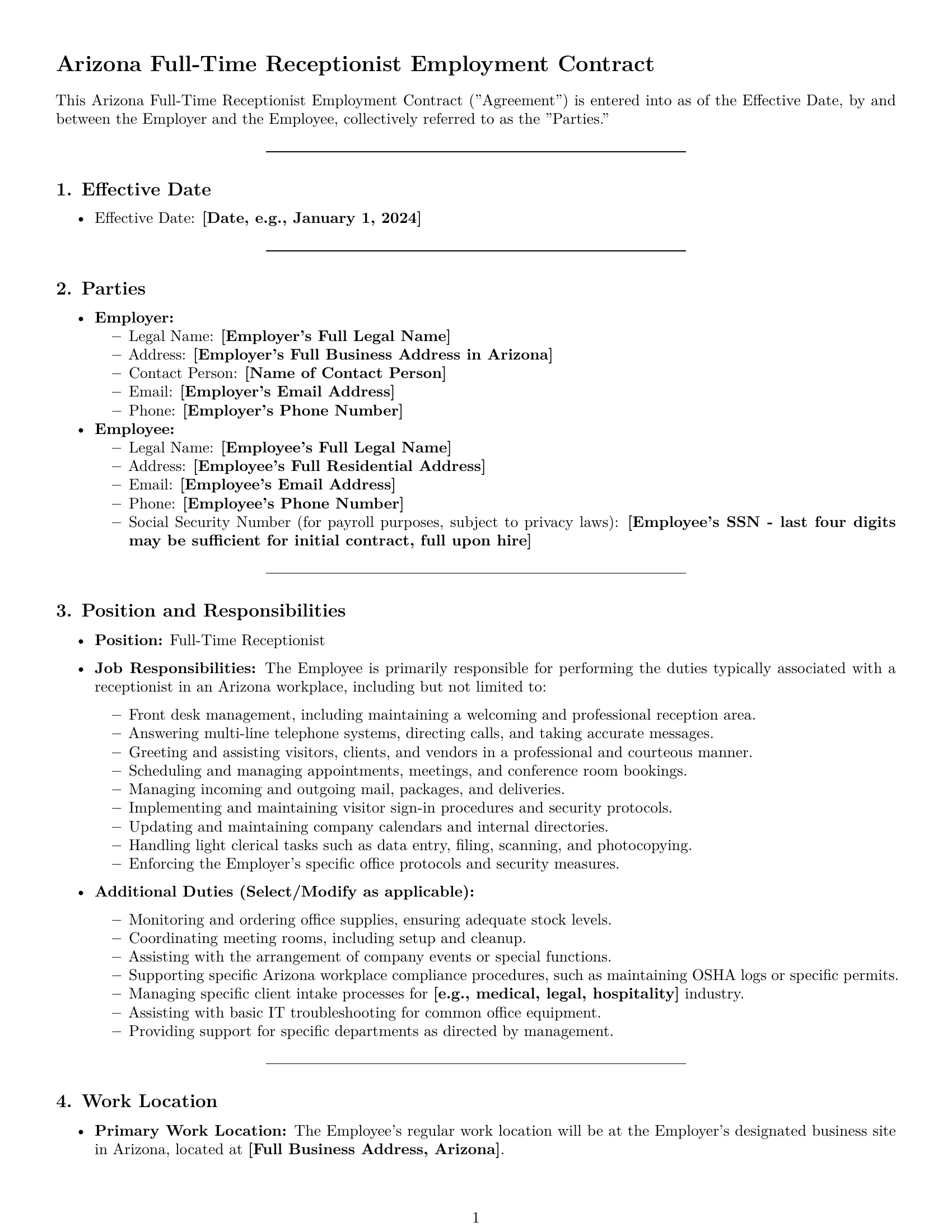 Preview page 1 of Pro Arizona receptionist employment contract template