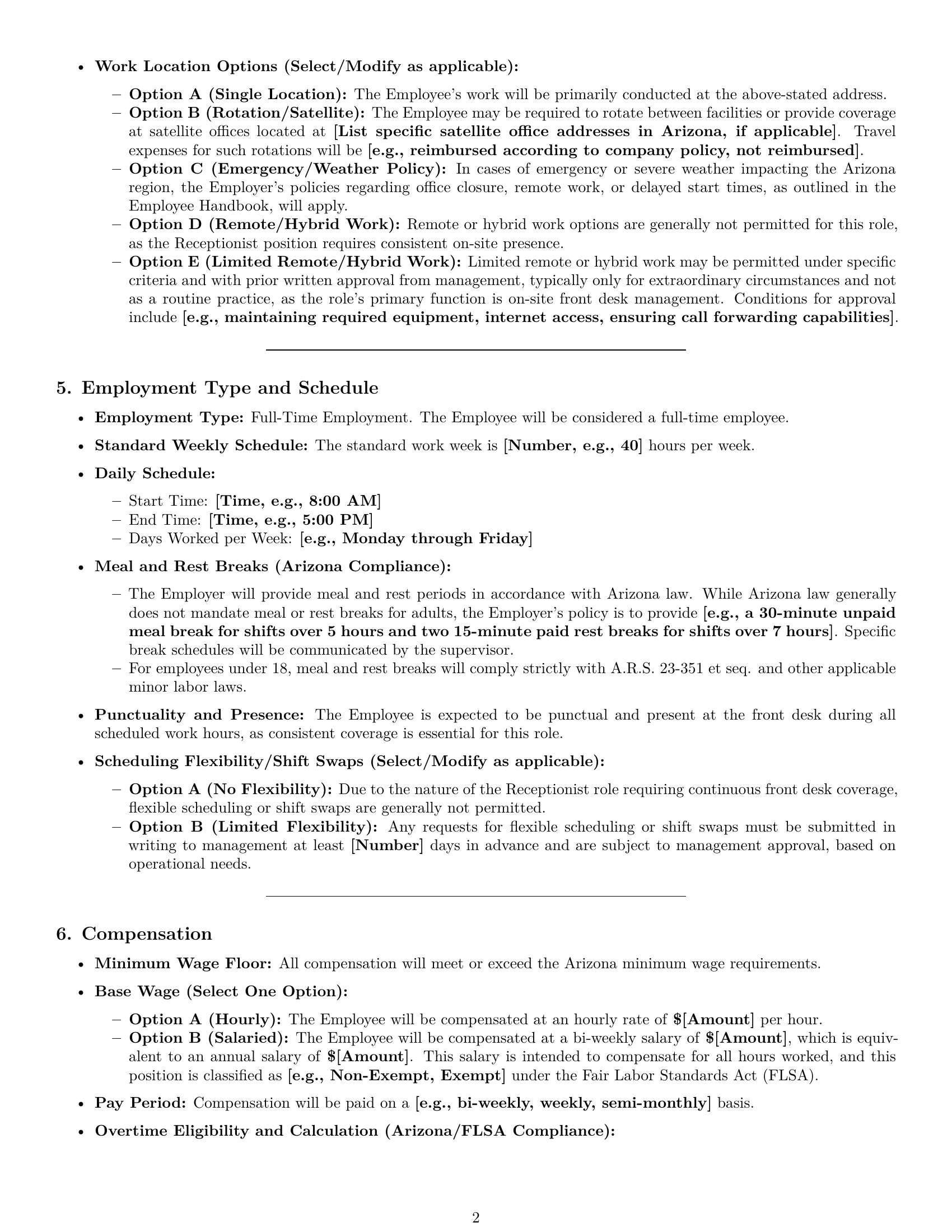 Preview page 2 of Pro Arizona receptionist employment contract template