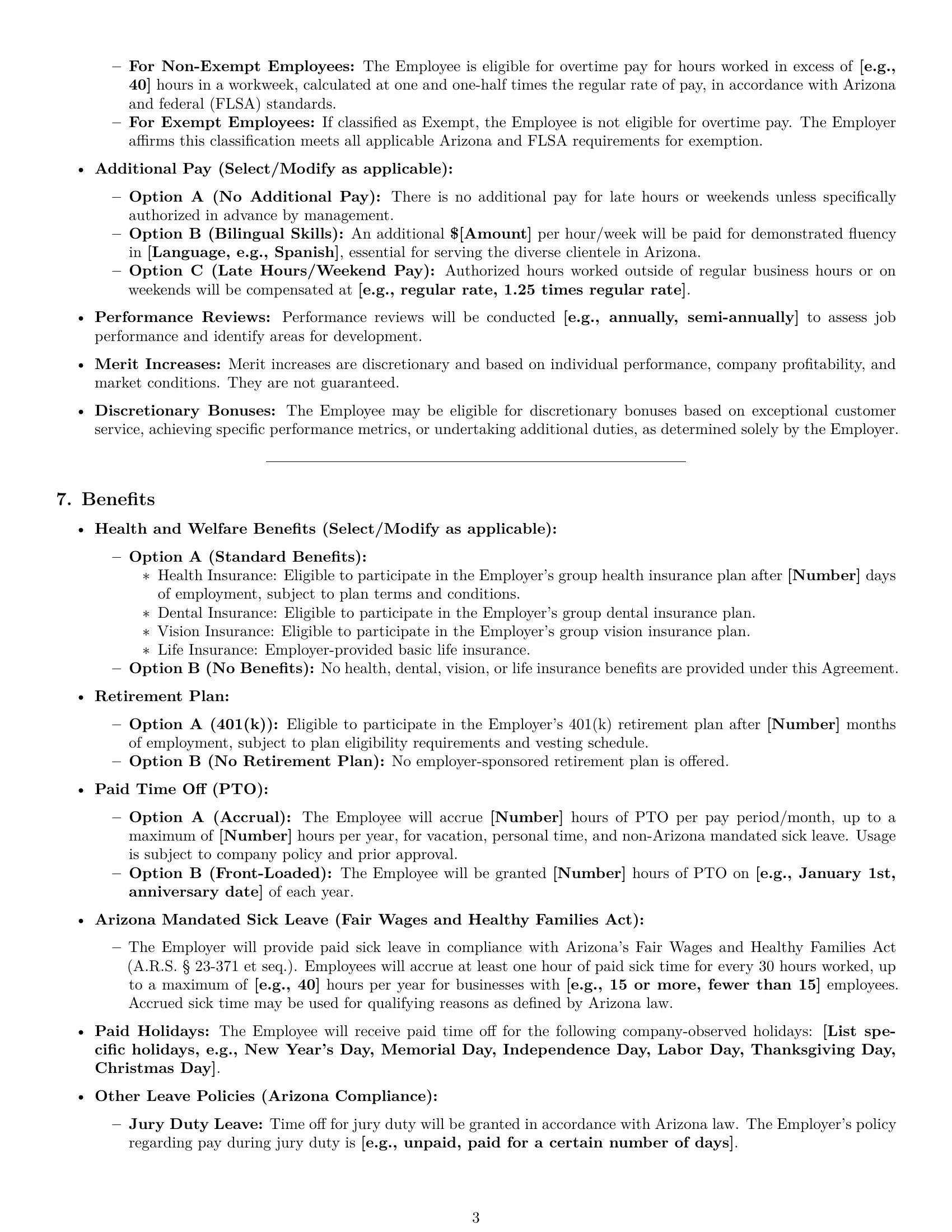 Preview page 3 of Pro Arizona receptionist employment contract template