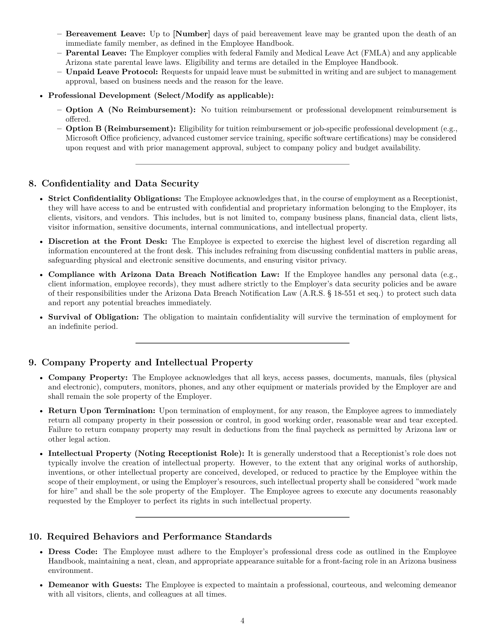 Preview page 4 of Pro Arizona receptionist employment contract template