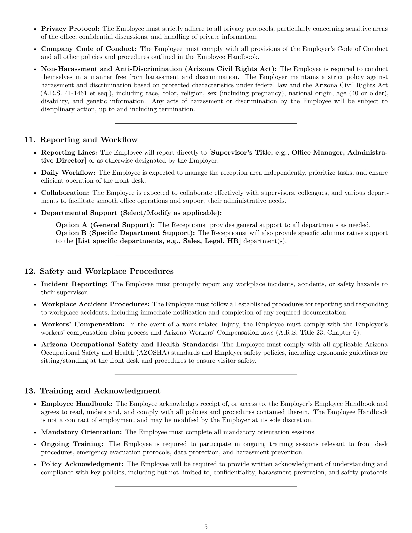 Preview page 5 of Pro Arizona receptionist employment contract template