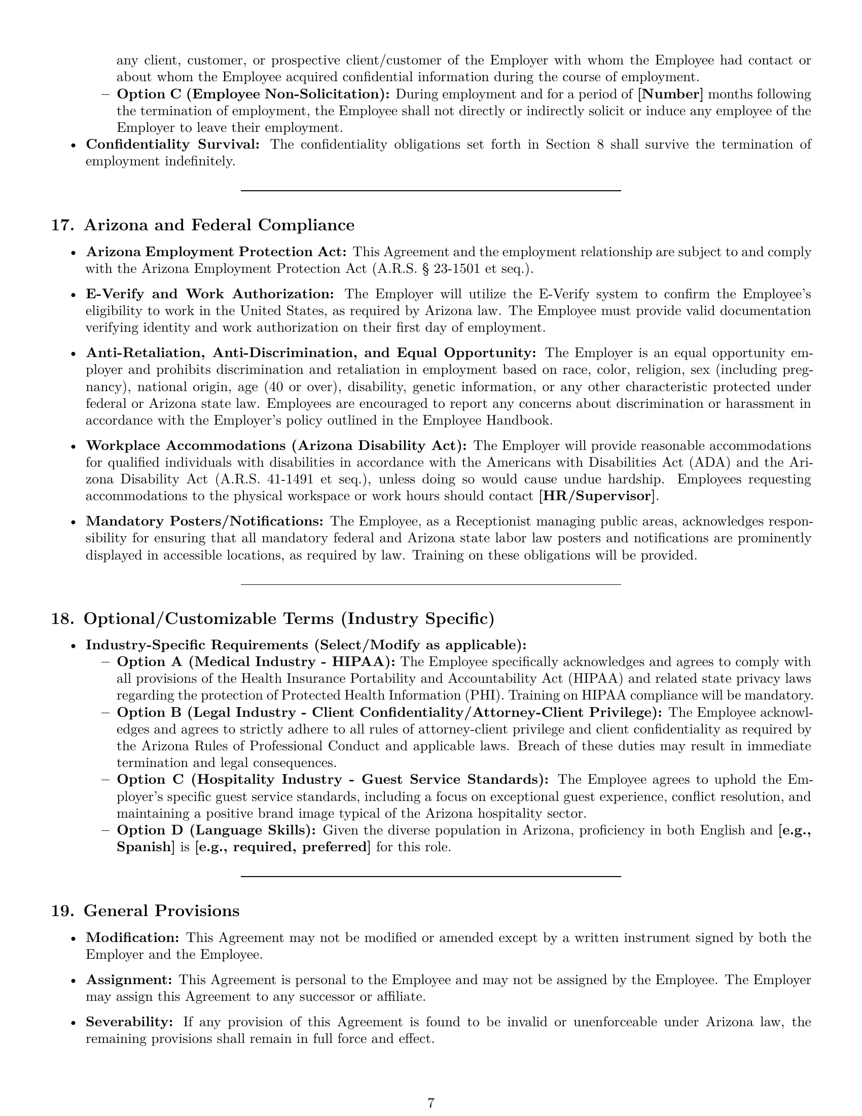 Preview page 7 of Pro Arizona receptionist employment contract template
