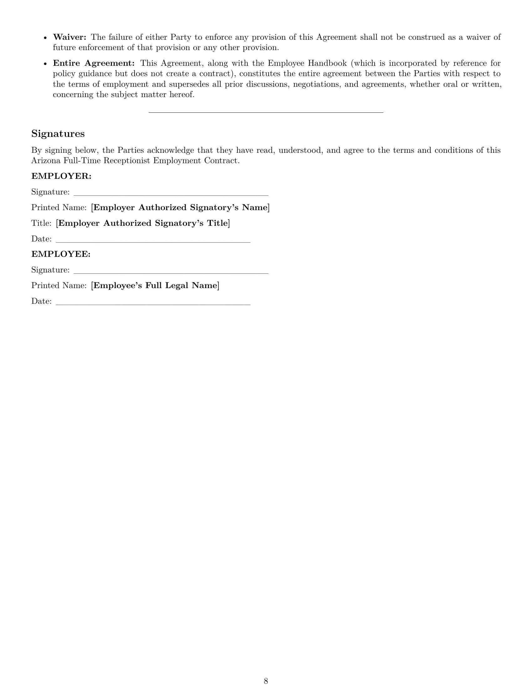 Preview page 8 of Pro Arizona receptionist employment contract template