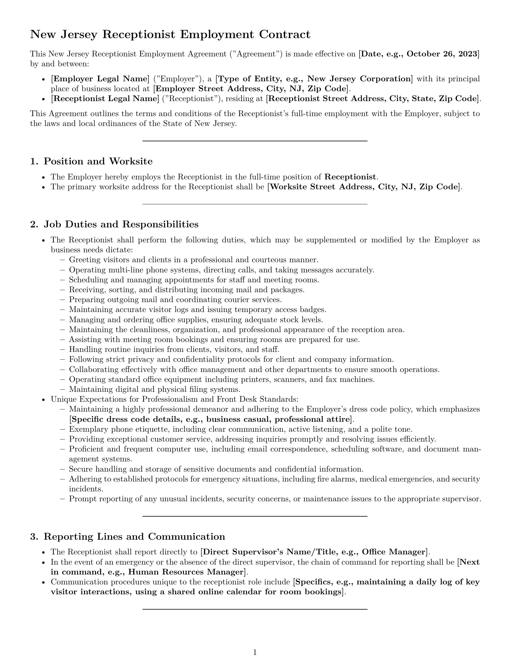 Preview page 1 of Pro New Jersey receptionist employment contract template