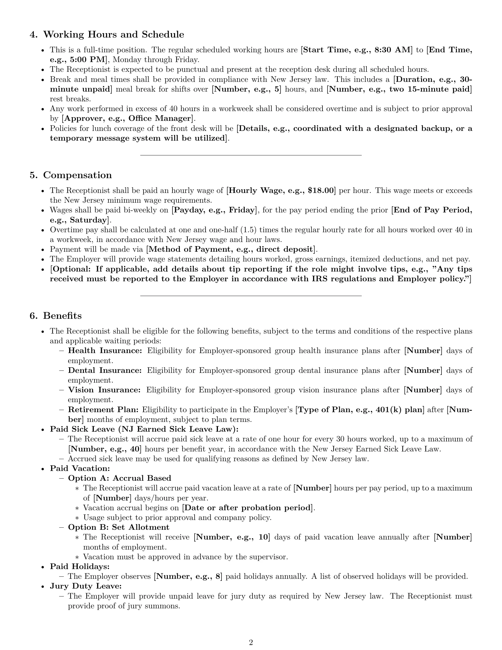 Preview page 2 of Pro New Jersey receptionist employment contract template