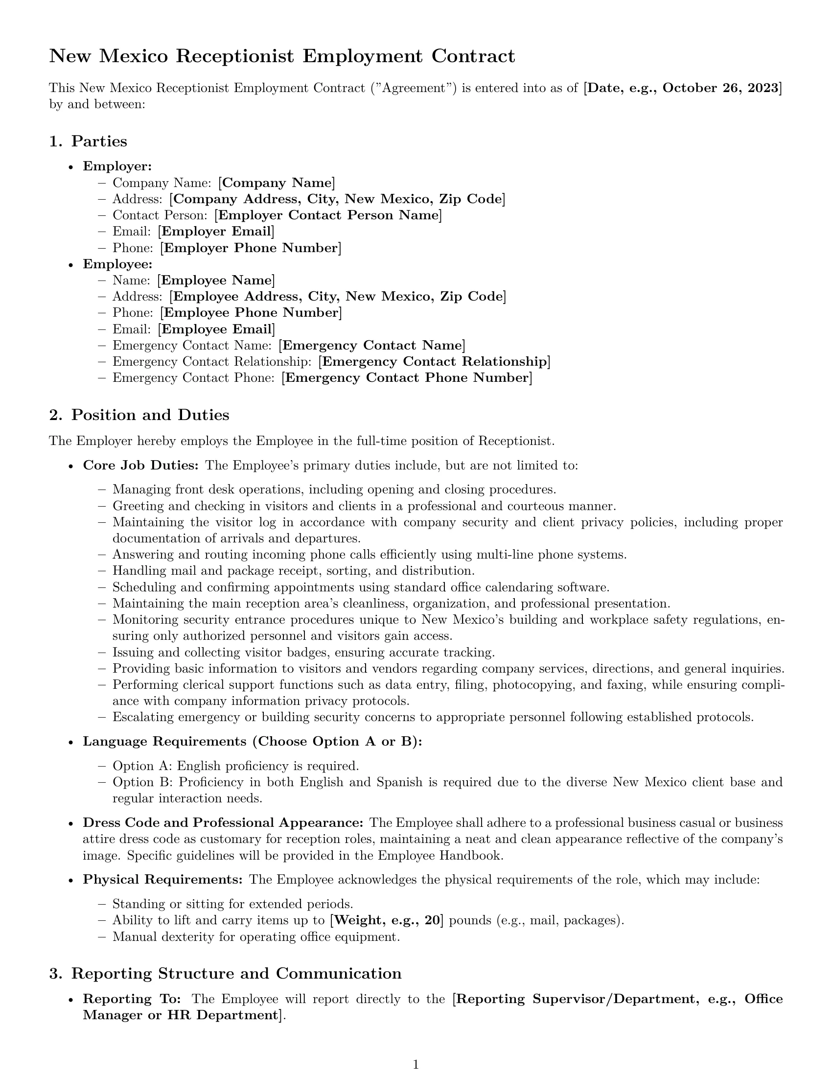 Preview page 1 of Pro New Mexico receptionist employment contract template