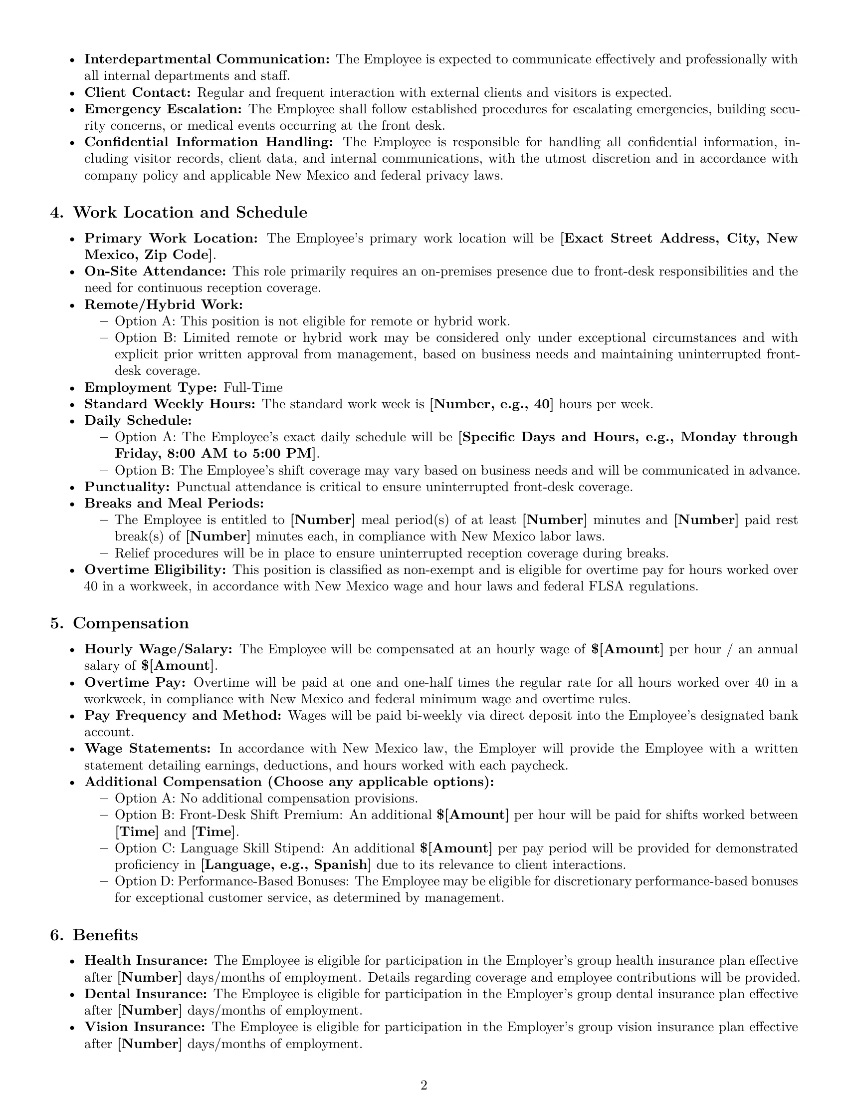 Preview page 2 of Pro New Mexico receptionist employment contract template