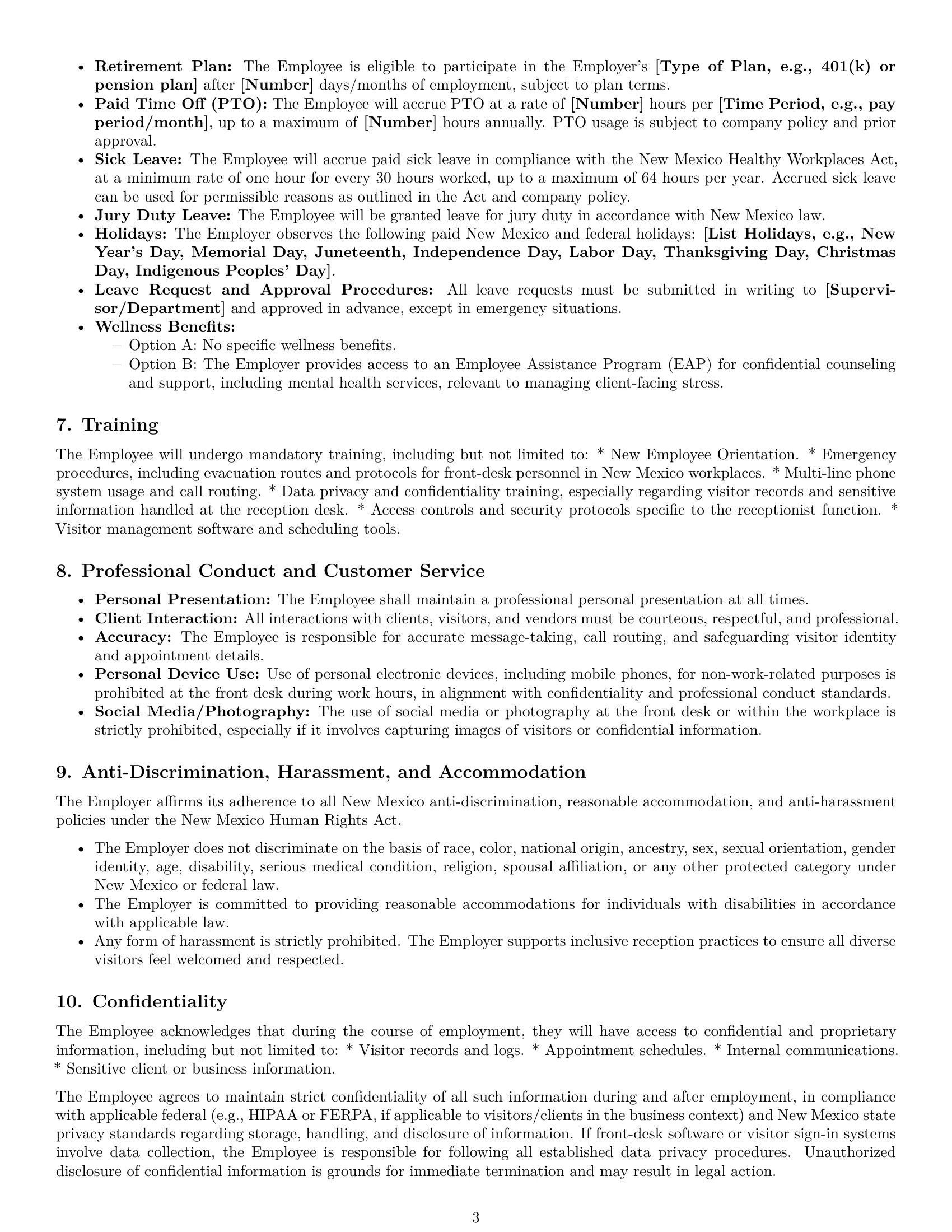 Preview page 3 of Pro New Mexico receptionist employment contract template