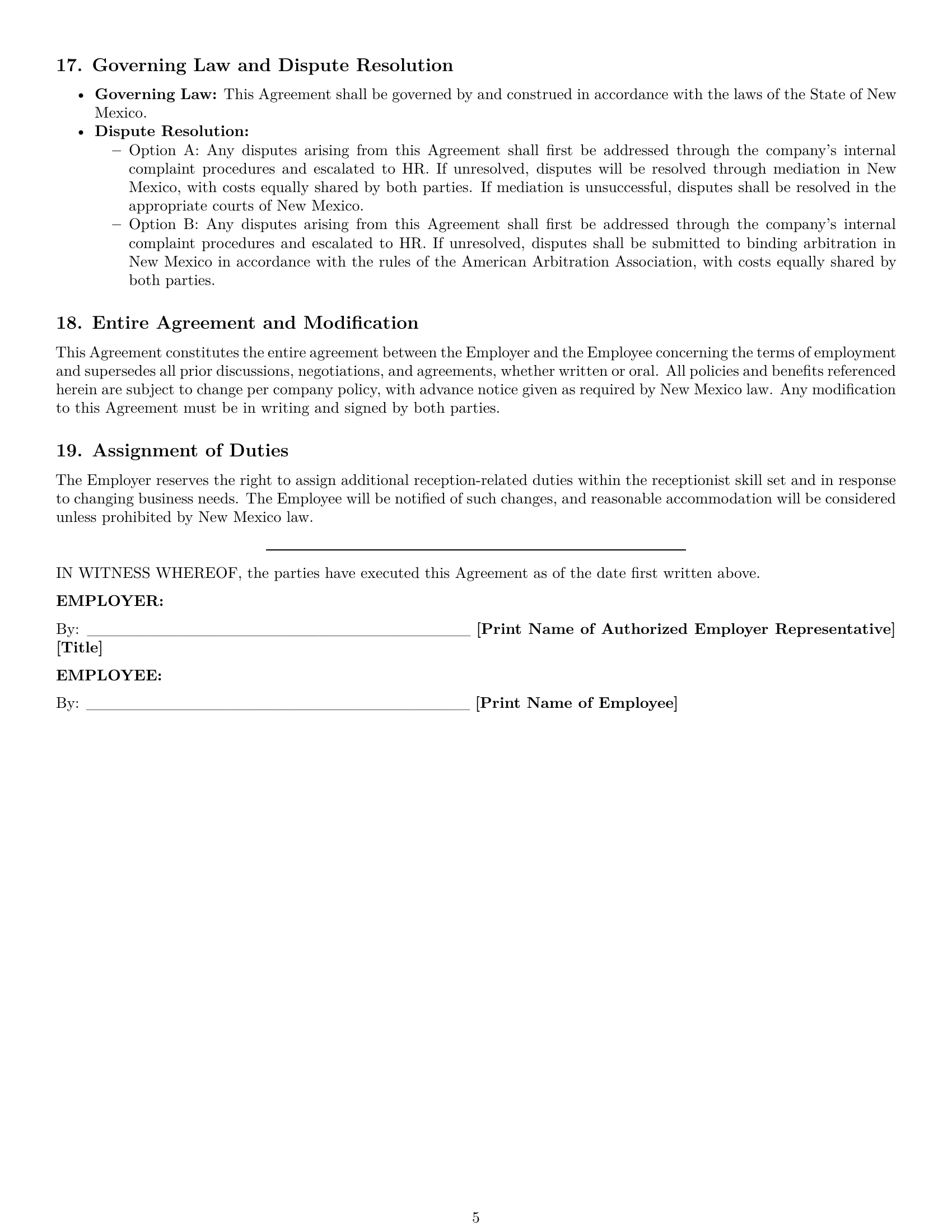Preview page 5 of Pro New Mexico receptionist employment contract template