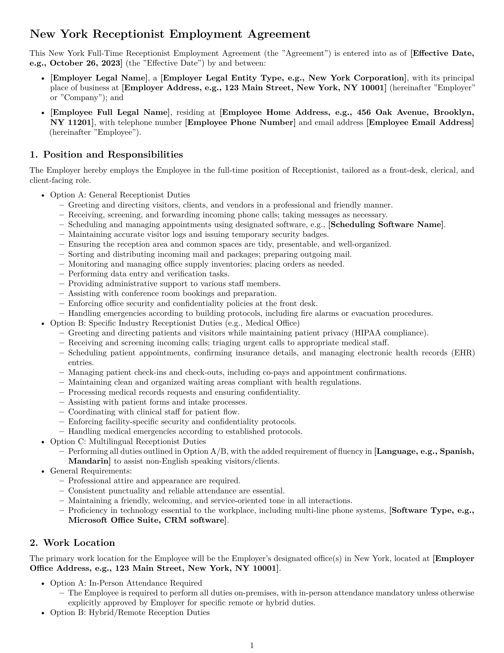 Preview page 1 of Pro New York receptionist employment contract template