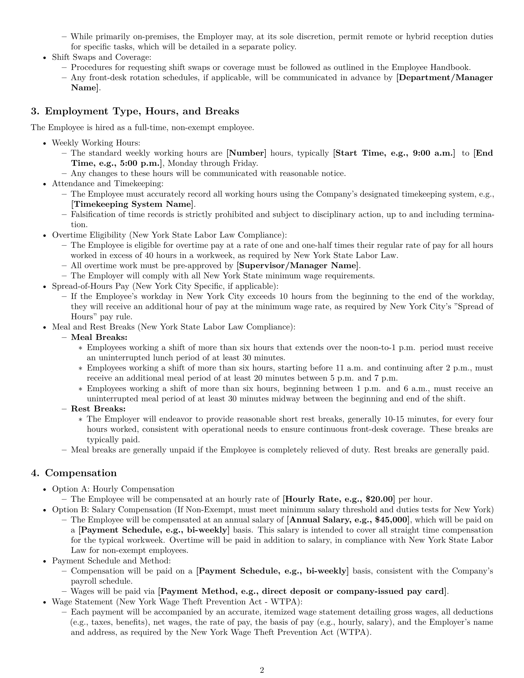 Preview page 2 of Pro New York receptionist employment contract template